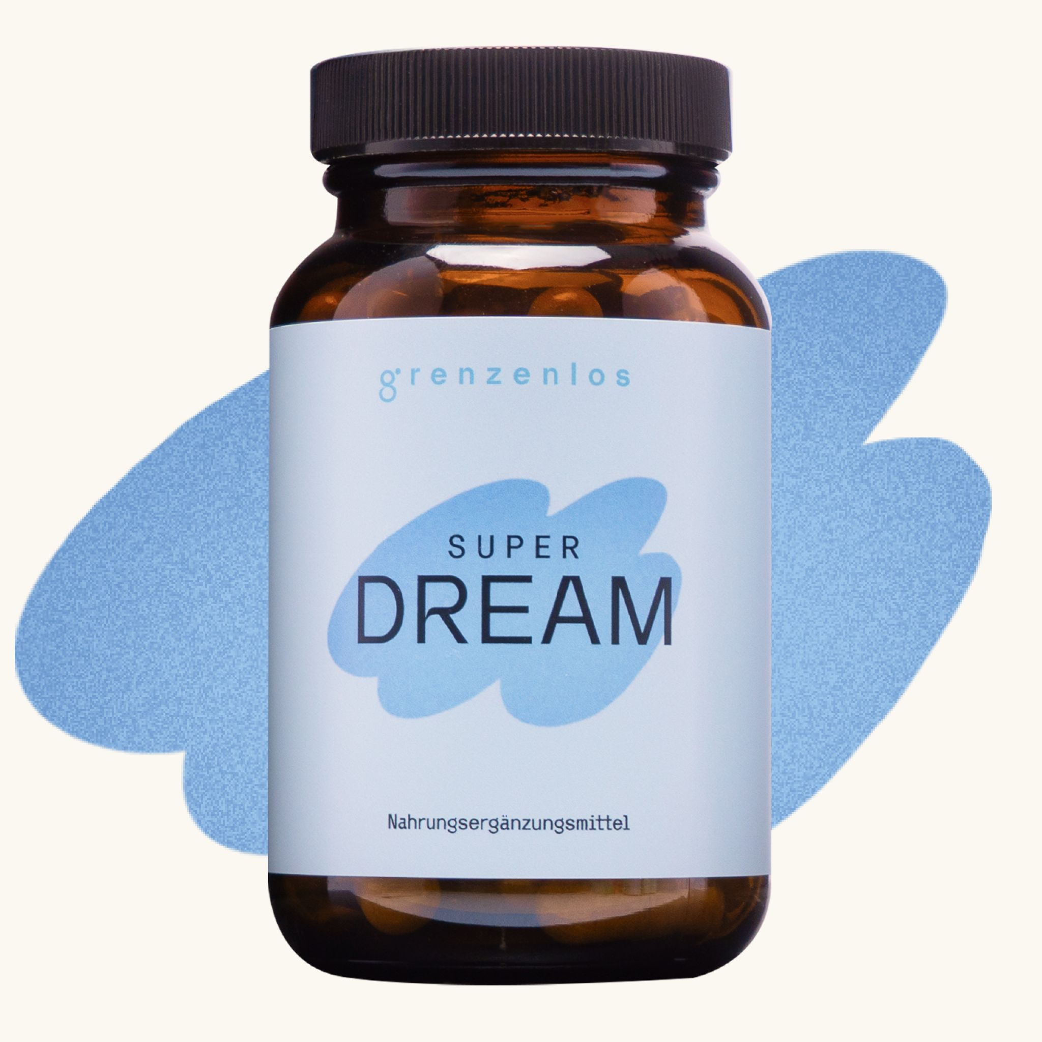 Flasche grenzenlos SUPER DREAM auf hellem Hintergrund mit blauer Farbform.