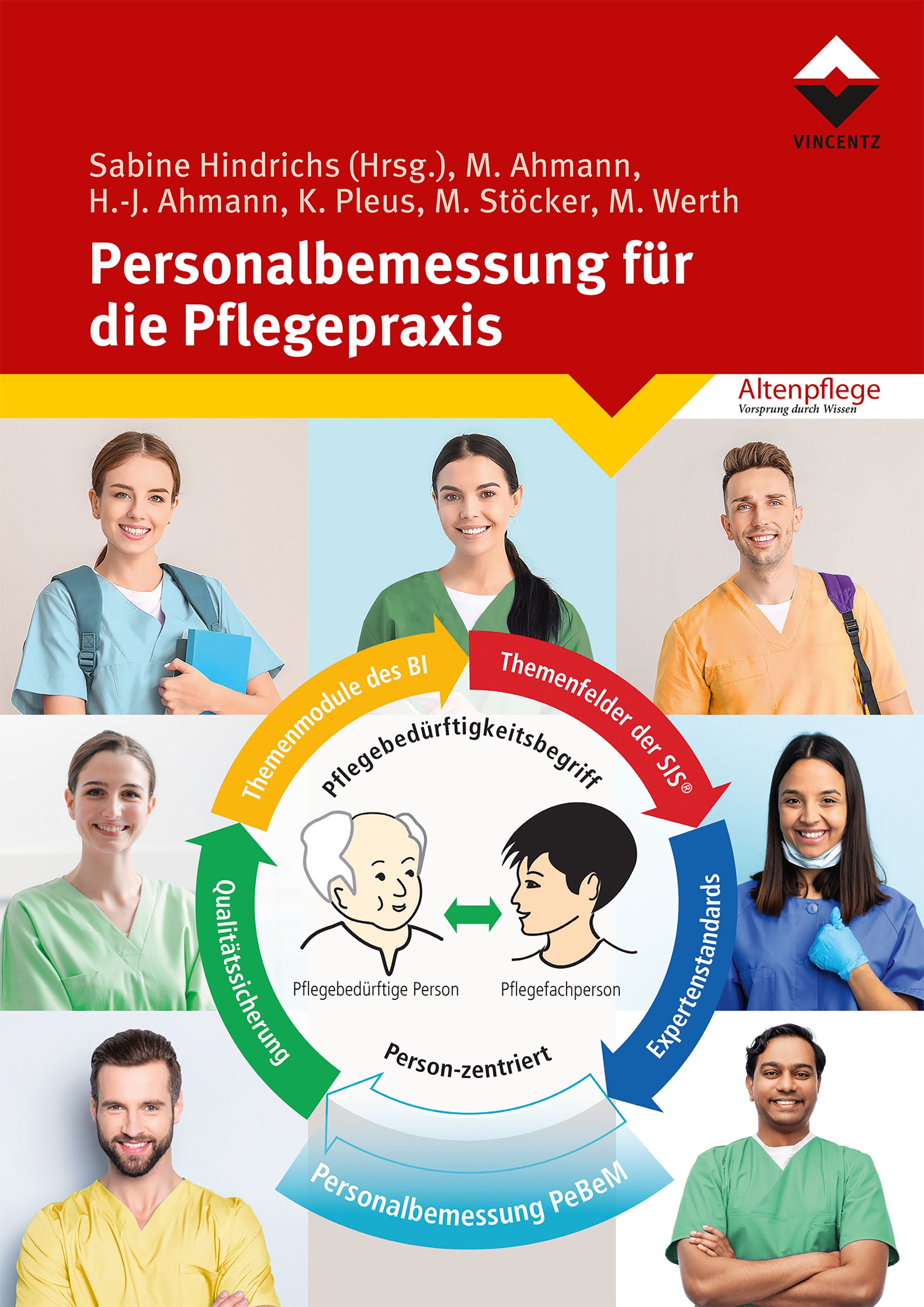 Buchcover: Personalbemessung für die Pflegepraxis. Autorennamen und Logos. Kreisförmige Grafik mit Pflegepersonal und Begriffen.