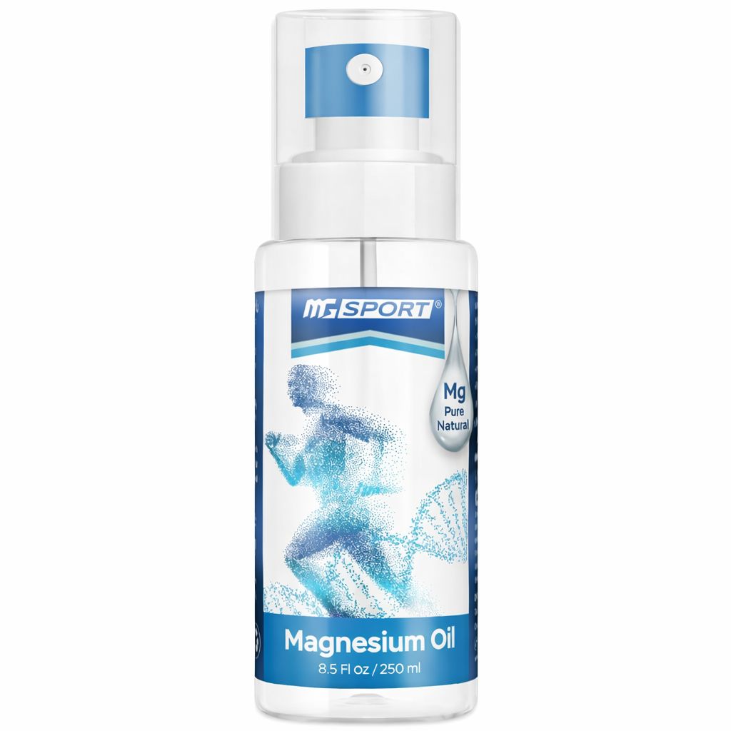 Weiße Sprühflasche mit blauem Aufdruck. Enthält Magnesium-Öl. Aufschrift: MGSPORT, Magnesium Oil, 8.5 fl oz / 250 ml.