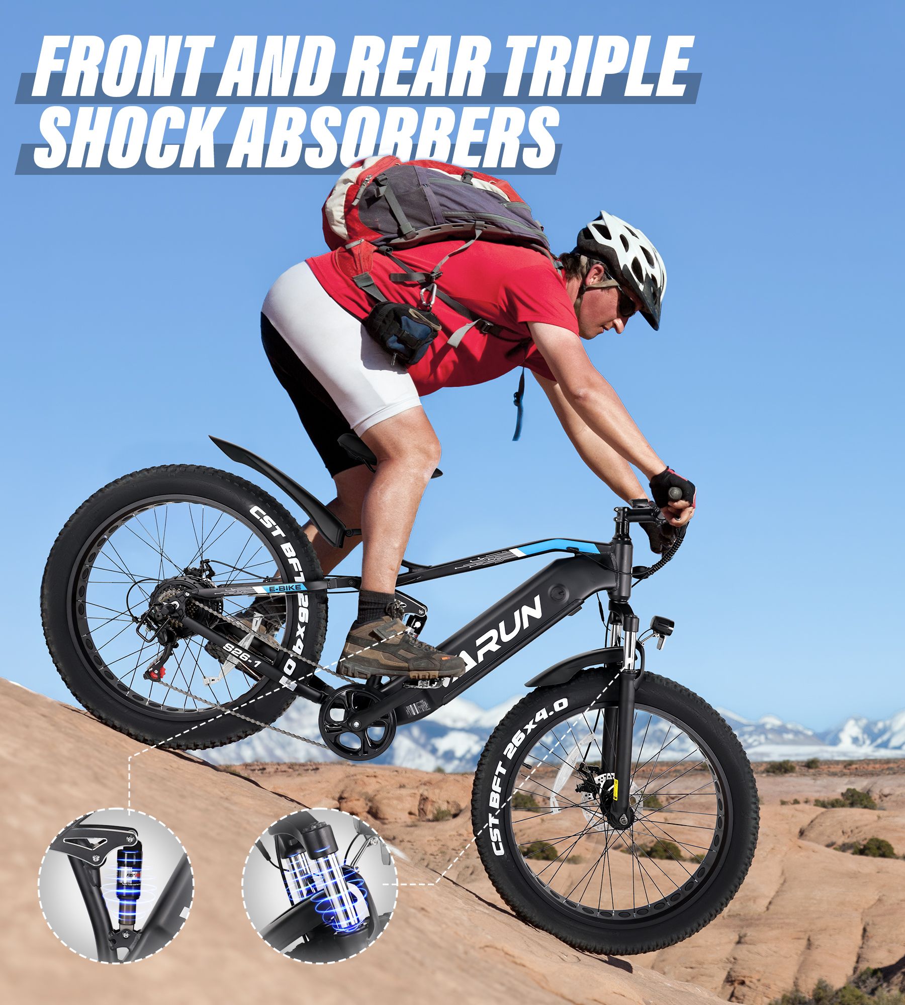 Person fährt E-Bike auf Bergpfad. Vorder- und Hinterrad-Stoßdämpfer. VARUN-Logo sichtbar.