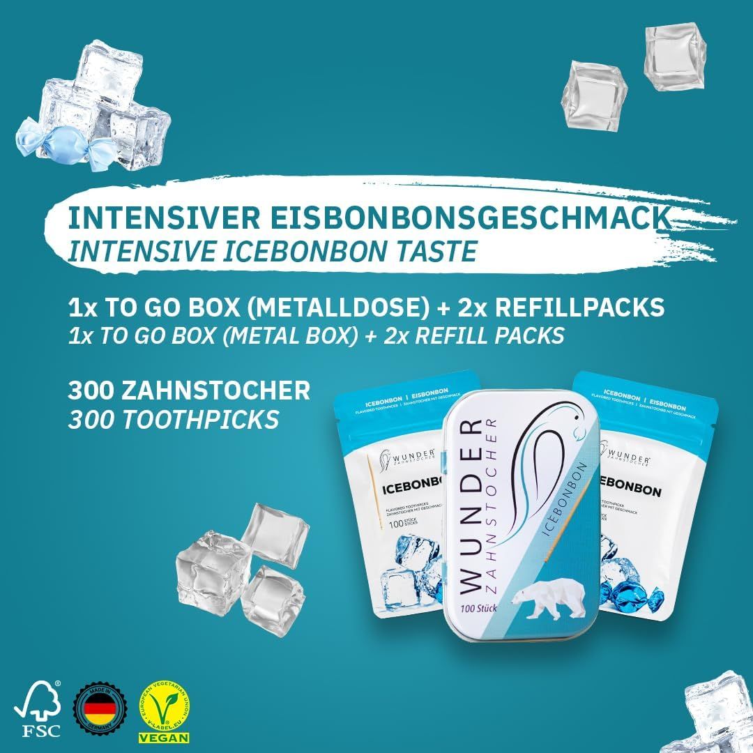 Bundle mit Metallbox, 2 Nachfüllpackungen und 300 Zahnstochern. Text: "Wunder Zahnstocher", "Eisbonbon". Eiswürfel im Hintergrund.
