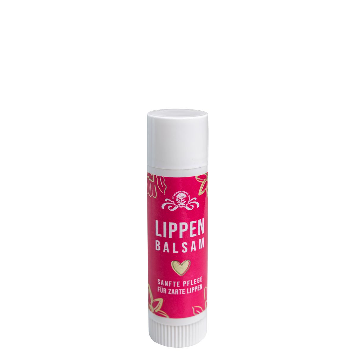 Lippenbalsam-Stift mit weißem Deckel und pinkfarbener Hülle. Aufschrift: LIPPEN BALSAM, sanfte Pflege für zarte Lippen.