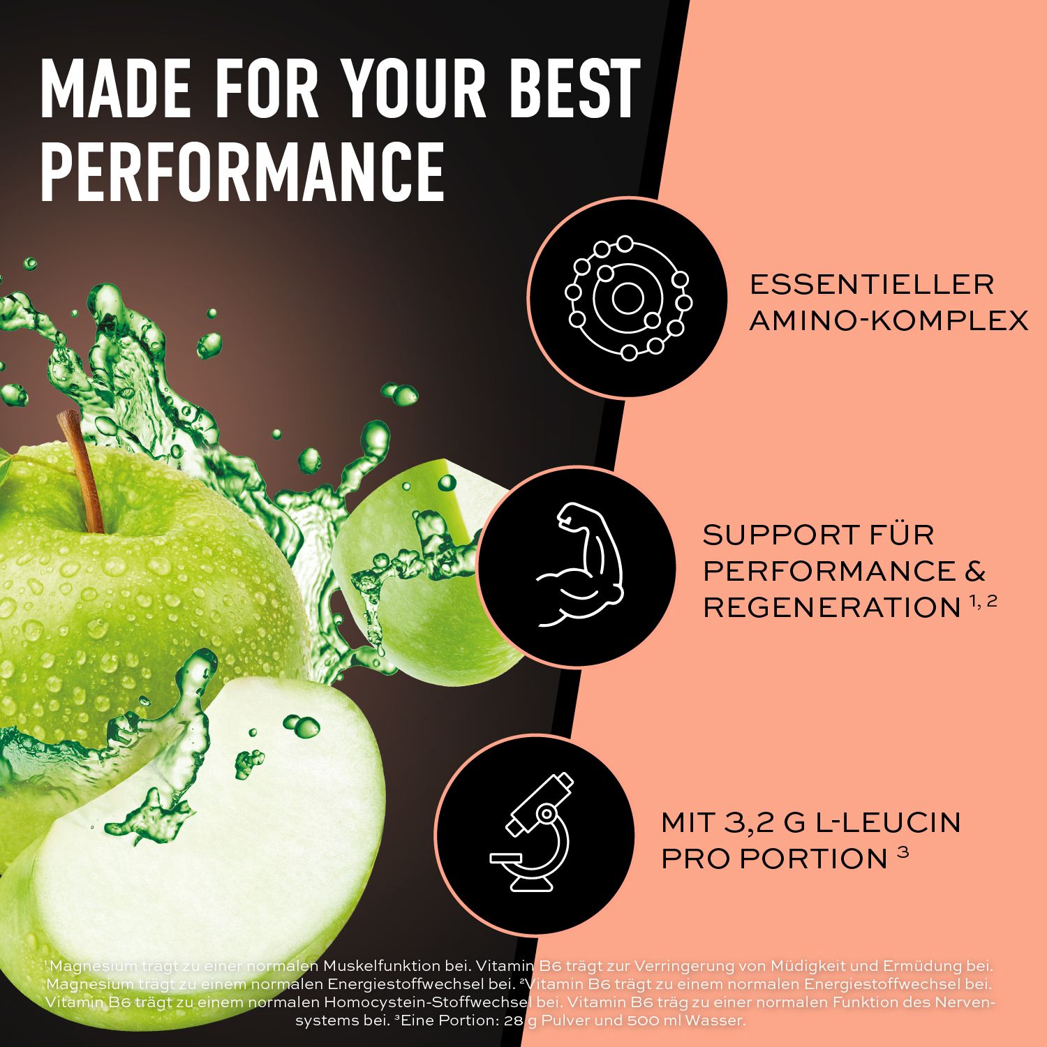 Grüner Apfel, Wasserspritzer. Text: Essentieller Aminokomplex, Support für Performance & Regeneration, mit 3,2 g L-Leucin pro Portion.