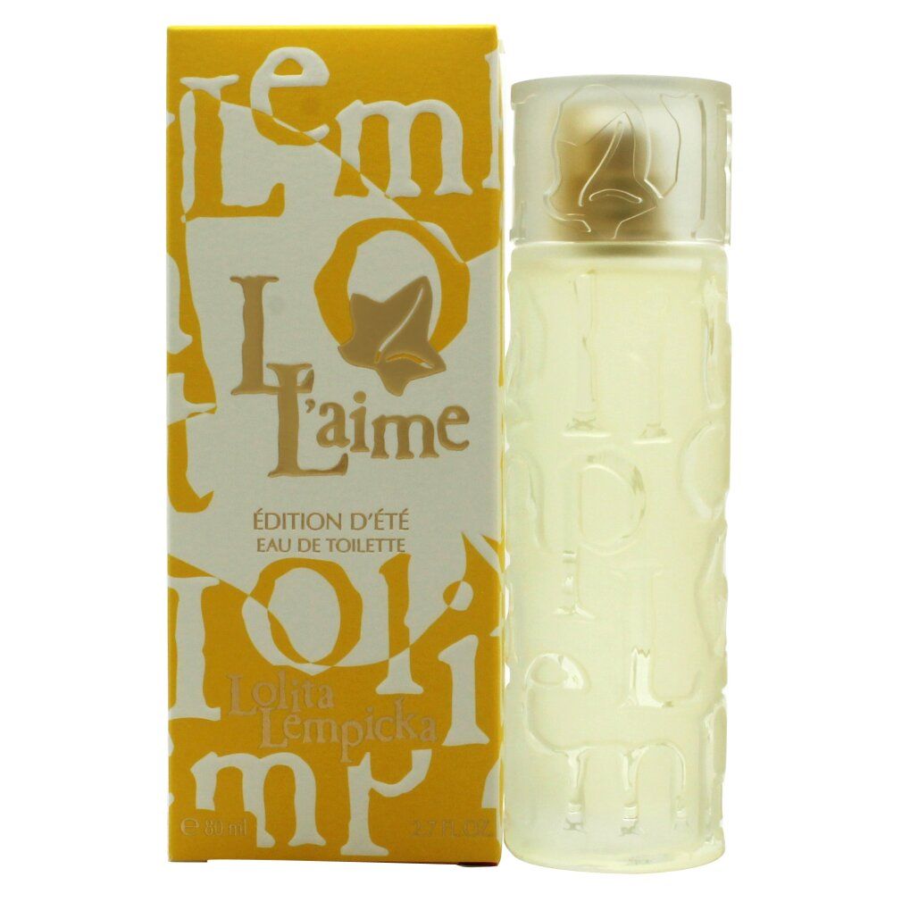 Flakon und Verpackung von Lolita Lempicka Elle l'aime Édition d'Été Eau de Toilette Spray. Gelbe Verpackung mit weißem Schriftzug.