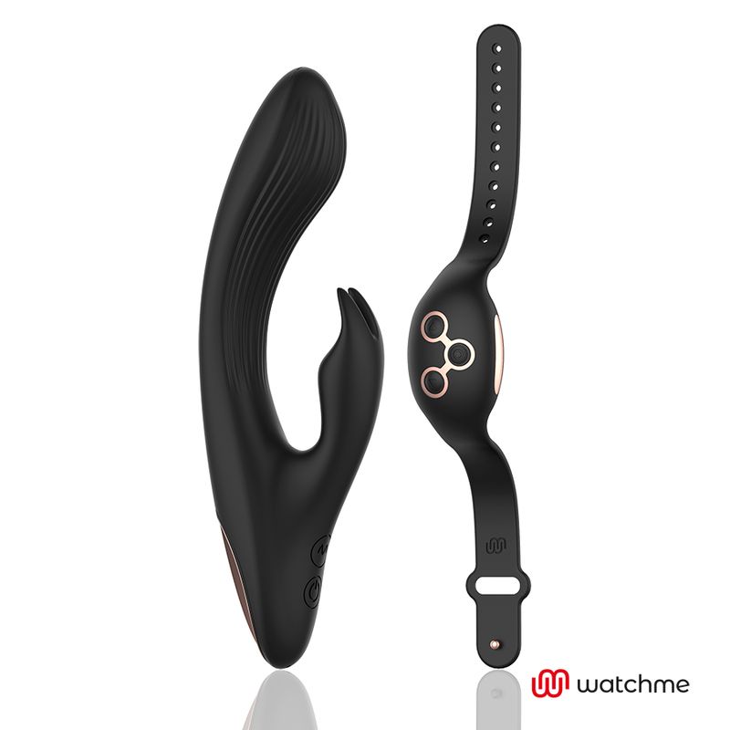 Schwarzer Vibrator und Smartwatch-Steuerung. Logo: watchme. Vibrator mit geschwungener Form.