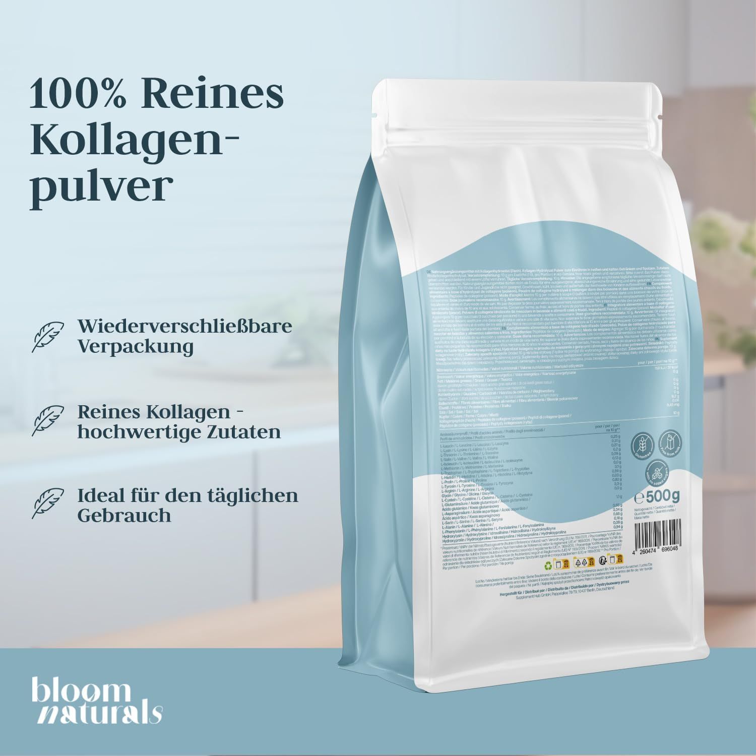 Produktverpackung. Text: 100% reines Kollagenpulver. Wiederverschließbare Verpackung, reines Kollagen - hochwertige Zutaten, ideal für den täglichen Gebrauch. 500g.