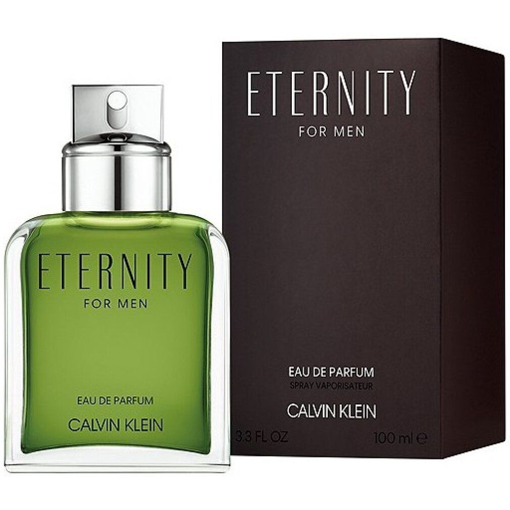 Flakon und Verpackung. Flakon mit grünem Inhalt. Schwarze Verpackung. Aufschrift: Eternity For Men, Calvin Klein.