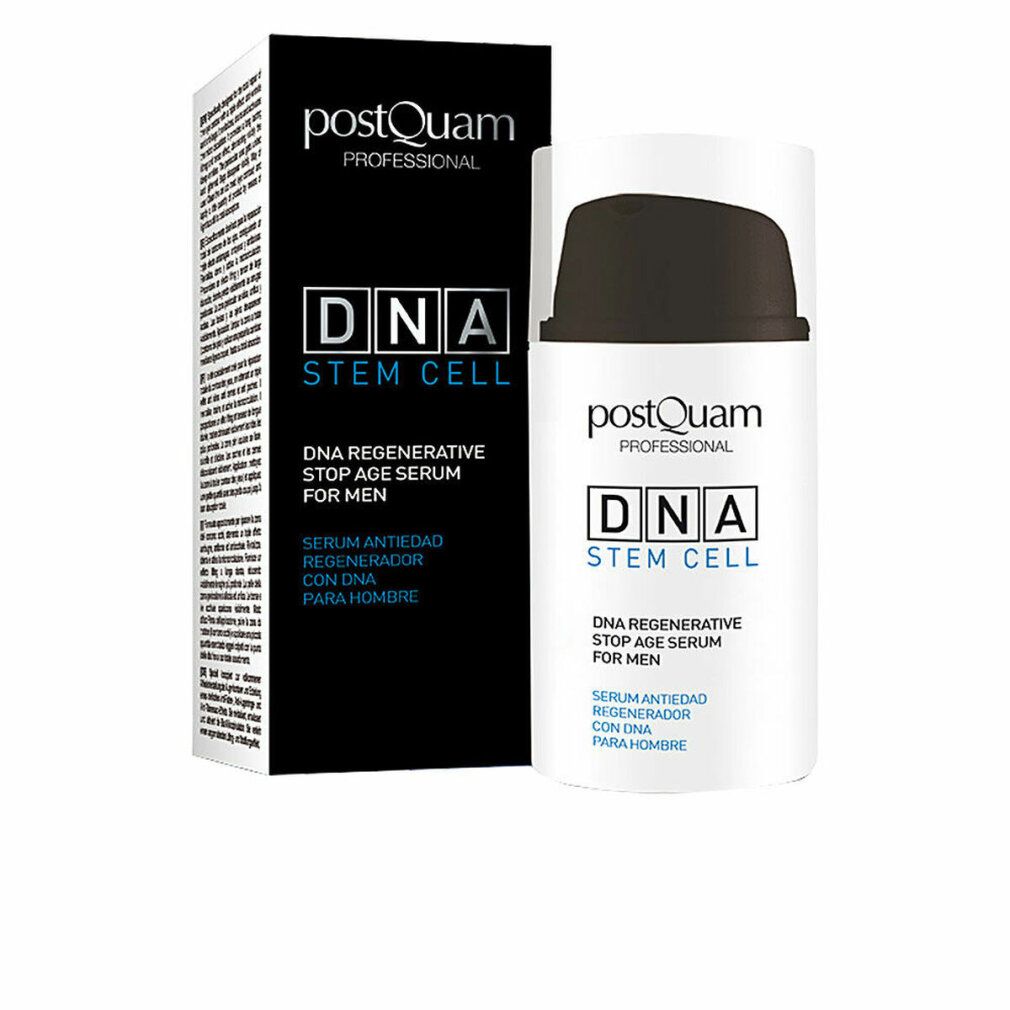 Weiße Flasche mit braunem Deckel und schwarzer Verpackung. Aufschrift: DNA Stem Cell, Stop Age Serum für Männer.