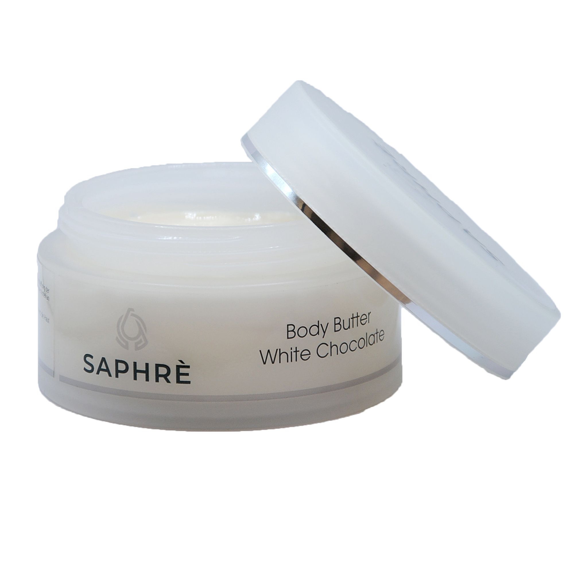 Geöffneter weißer Tiegel. Aufschrift: Saphre, Body Butter White Chocolate.
