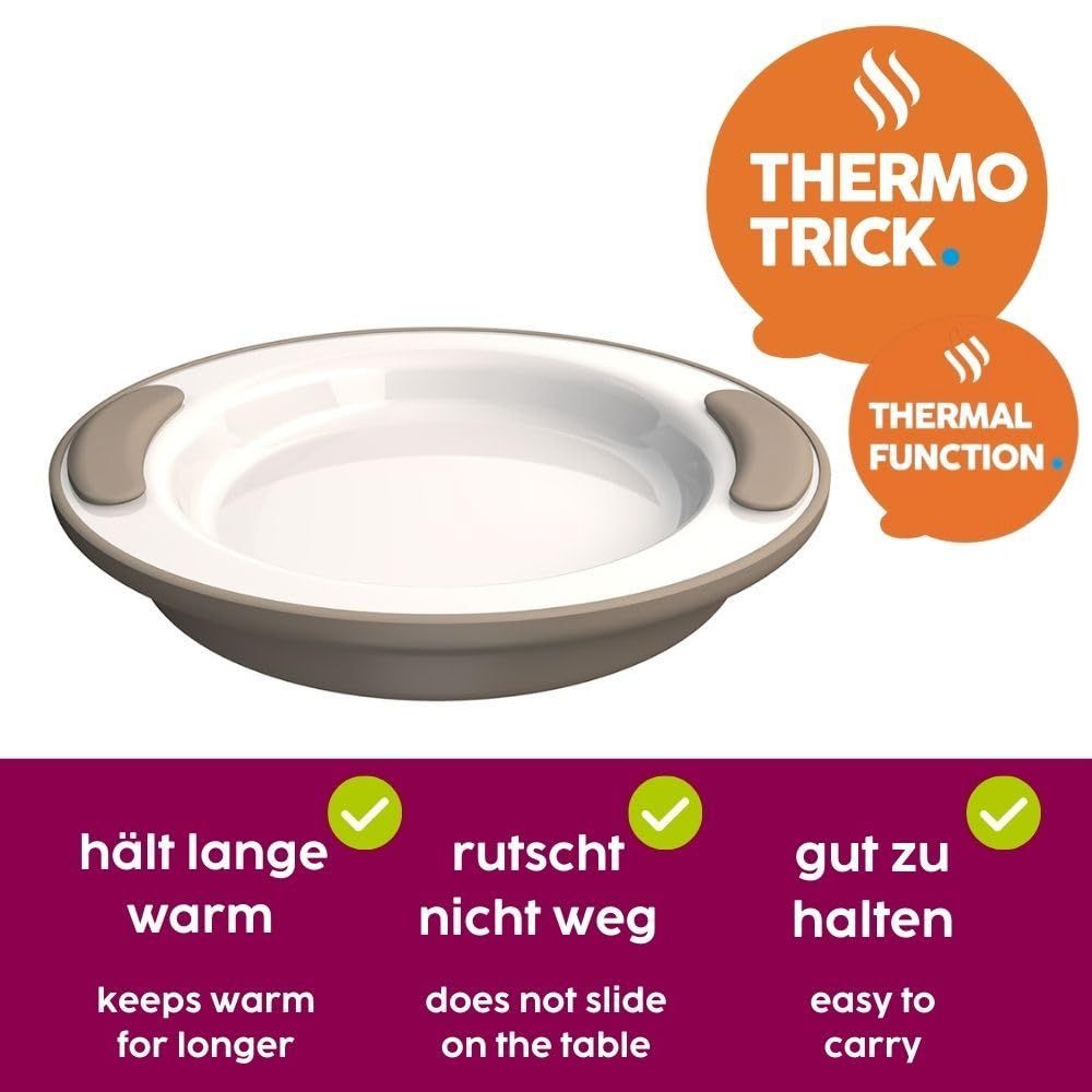 Weißer Teller mit grauen Griffen. Text: Thermo Trick, Thermische Funktion, hält lange warm, rutscht nicht weg, gut zu halten.