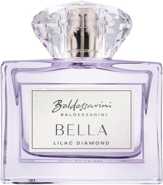Flakon mit lilafarbener Flüssigkeit, quadratisch, mit Diamant-Deckel. Aufschrift: Baldessarini, BELLA, LILAC DIAMOND.