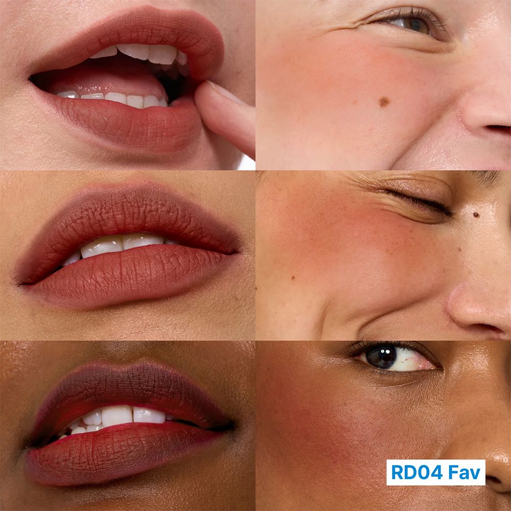 Lippen und Wangenpartien verschiedener Hauttöne mit rotem Lippenstift und Rouge.