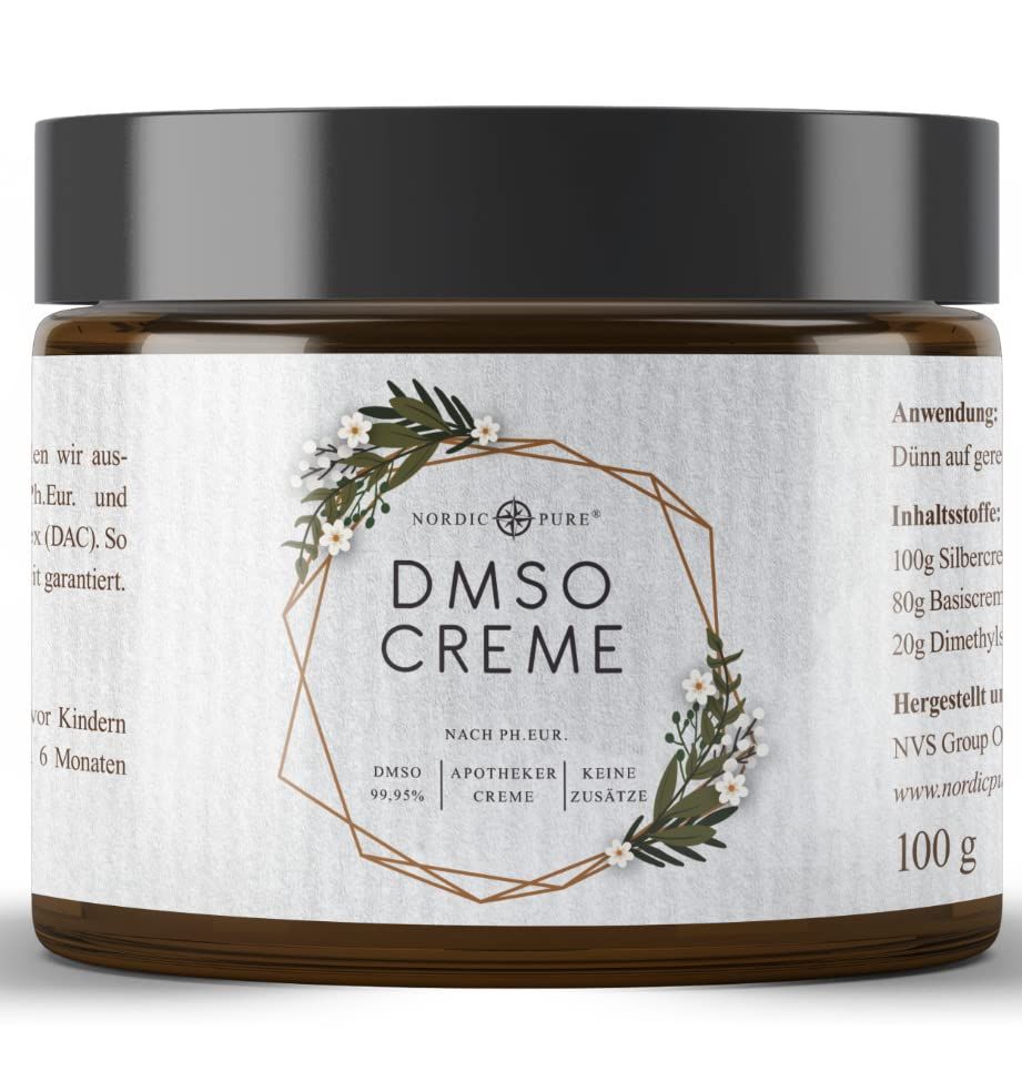 Braune Dose mit schwarzem Deckel. Aufschrift: DMSO CREME, 100g. Etikett mit floralem Design und Text.
