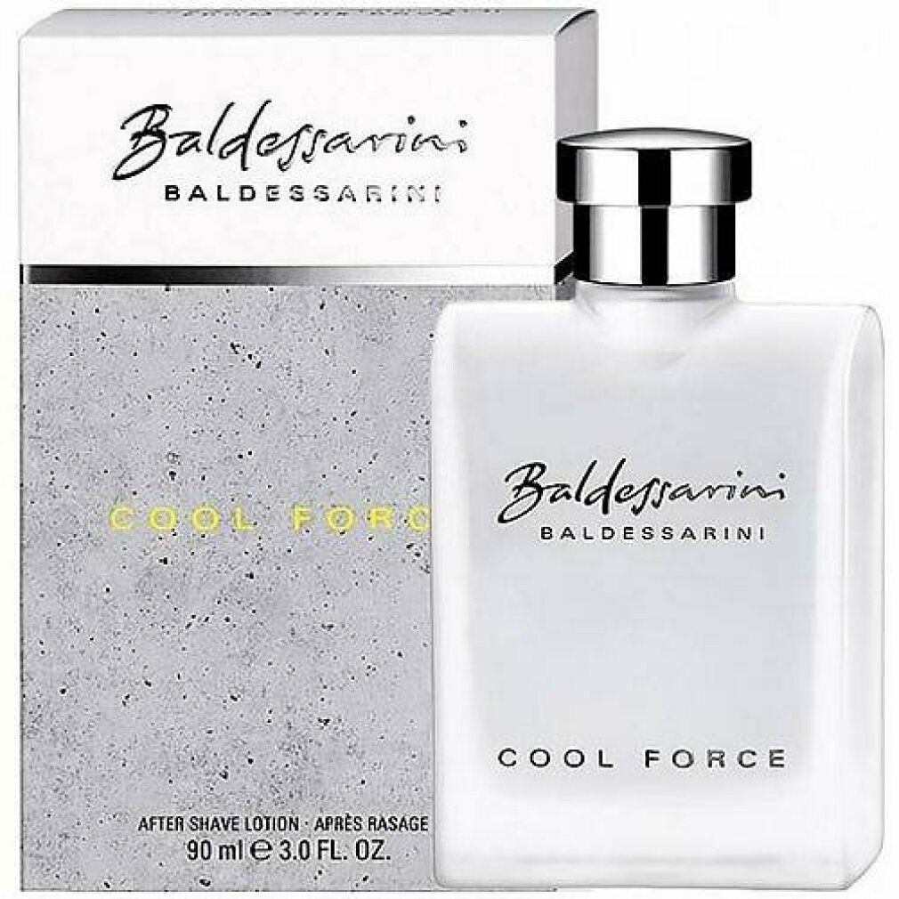 Baldessarini Cool Force After Shave Lotion mit Verpackung. Flasche weiß, Deckel silber.