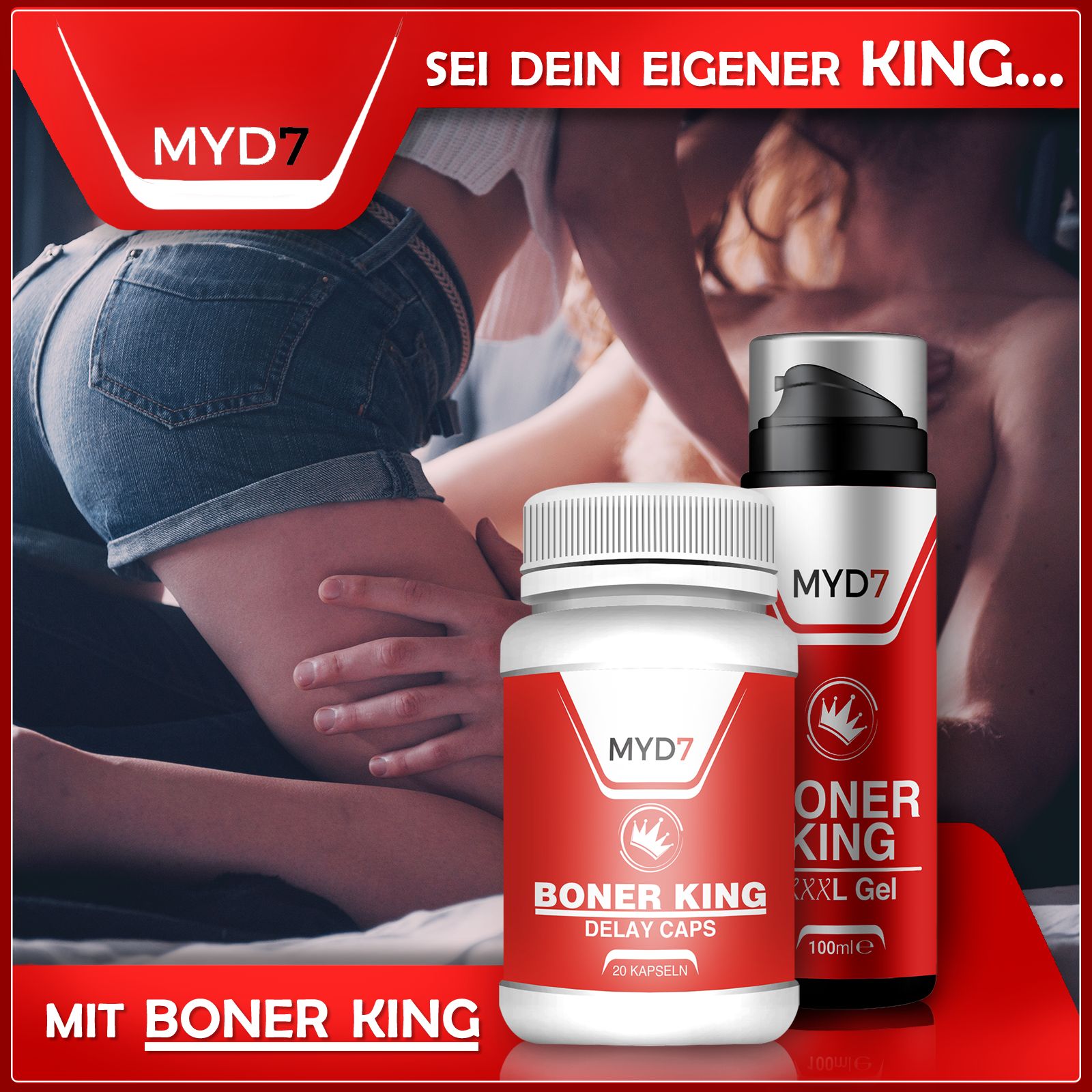 Zwei Produkte: Kapsel-Dose und Gel-Tube. Aufschrift: BONER KING, MYD7. Paar im Hintergrund.