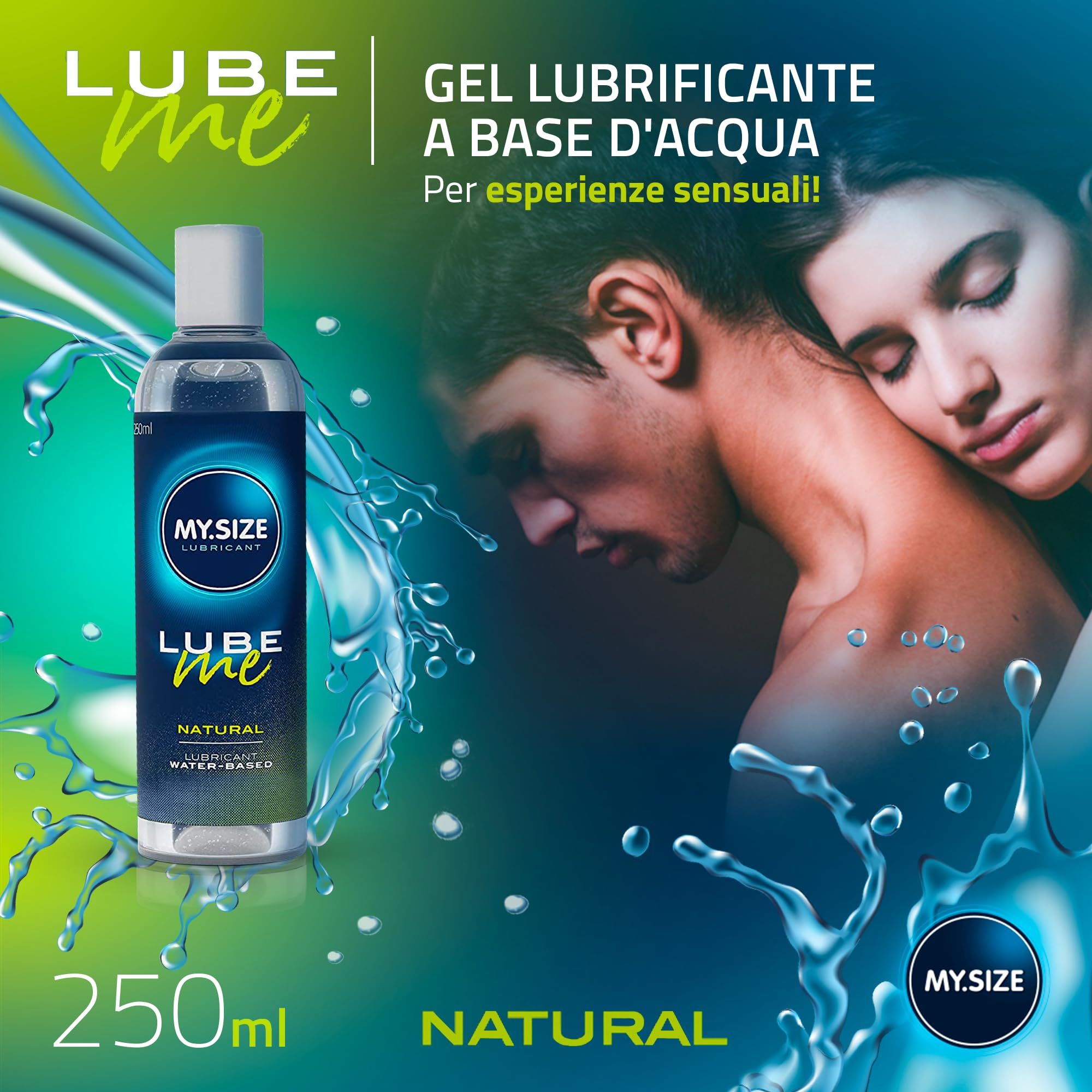 MY.SIZE Lube Me Natural Gleitgel Flasche mit Paar im Hintergrund.