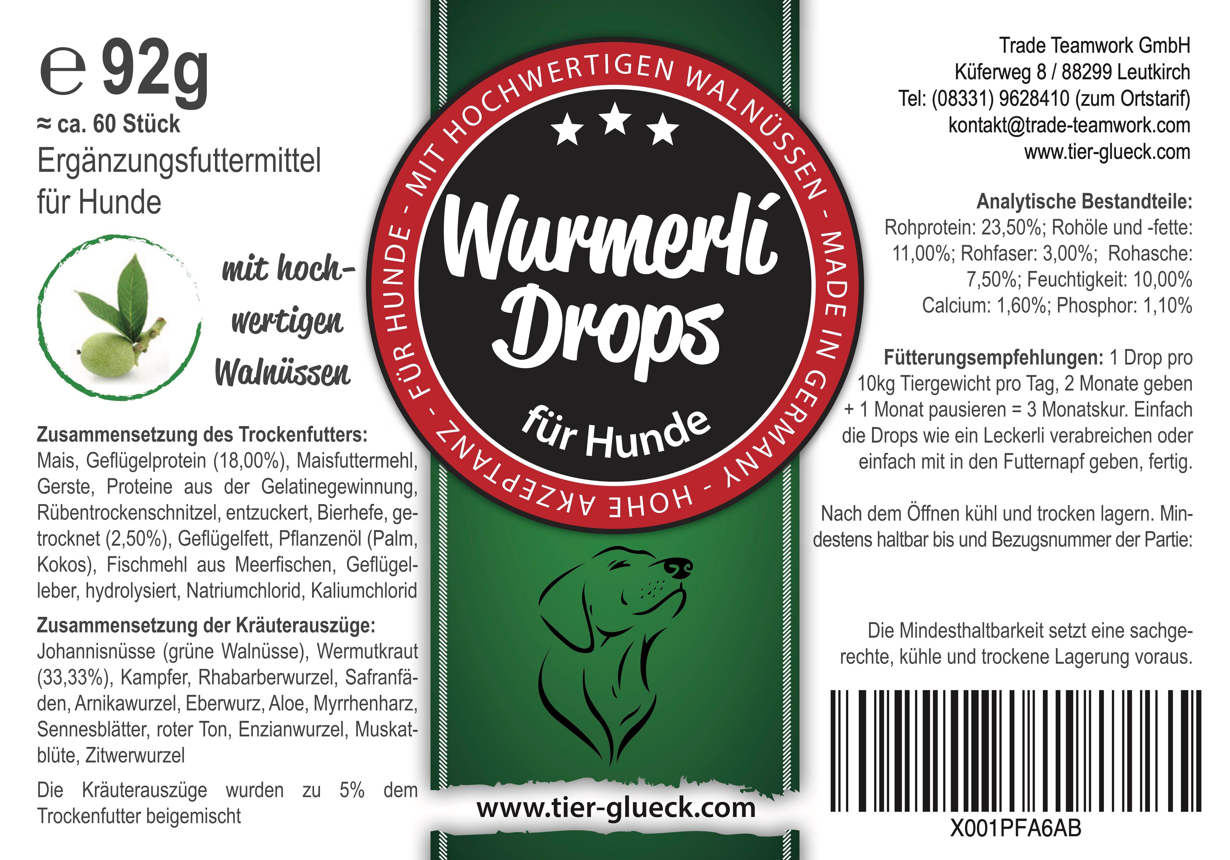 Etikett von TierGlück Wurmerli® Drops. Runder Aufdruck mit Produktnamen und Logo. Text mit Inhaltsstoffen und Nährwerten.