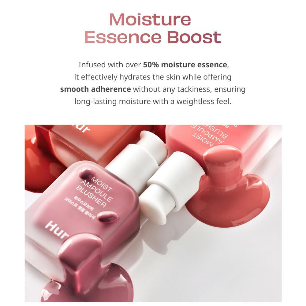 Produktabbildung mit Text: 'Moisture Essence Boost'. Mehrere Flaschen Rouge mit Produkt daneben.