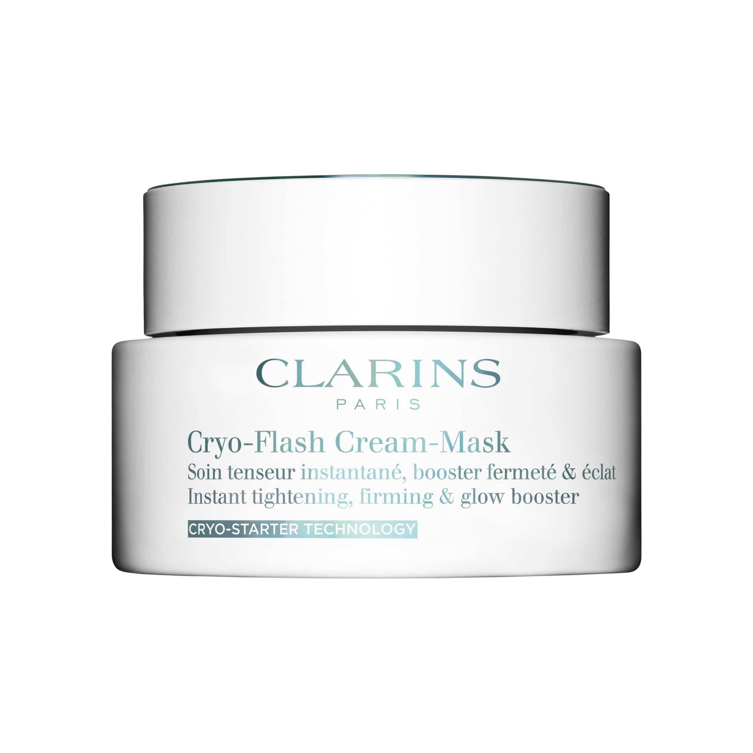 Weißer Tiegel mit Deckel. Aufschrift: Clarins, Cryo-Flash Cream-Mask. Text: Instant tightening, firming & glow booster.