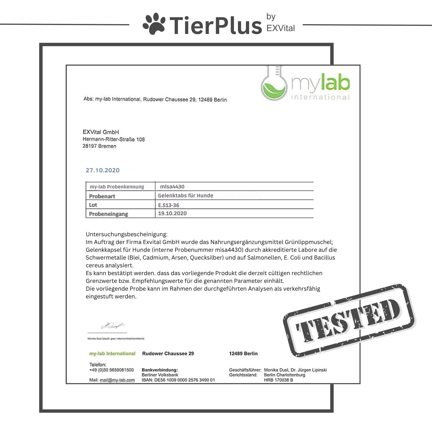 Prüfzertifikat für EXVital Grünlippmuschel: Bestätigung der mylab International GmbH, dass das Produkt getestet wurde. "TESTED" Stempel.