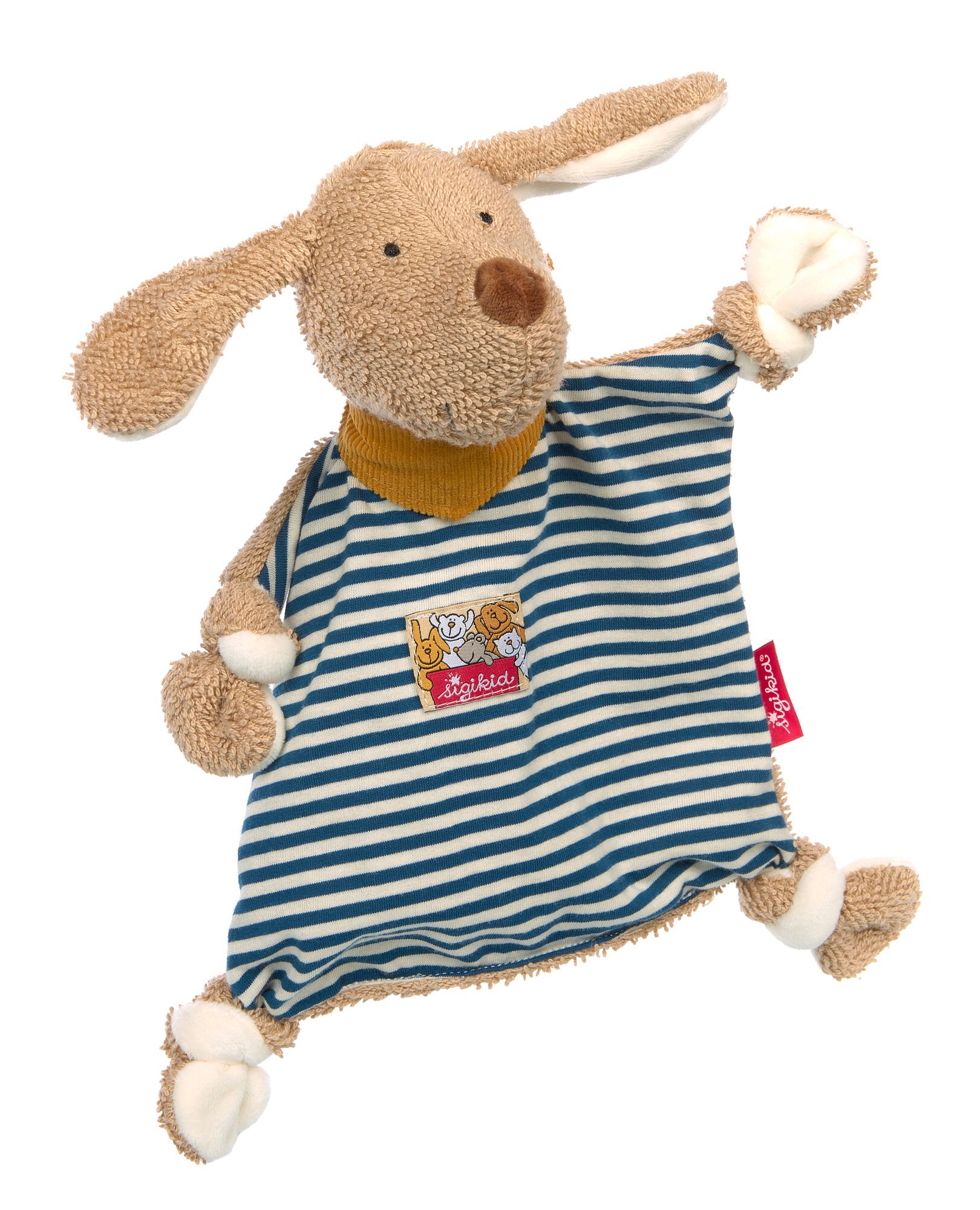 Beiges Schnuffeltuch in Hundeform mit blau-weiß gestreiftem Shirt. Mit gelbem Halstuch und "sigikid" Logo. Ohren und Pfoten beige.