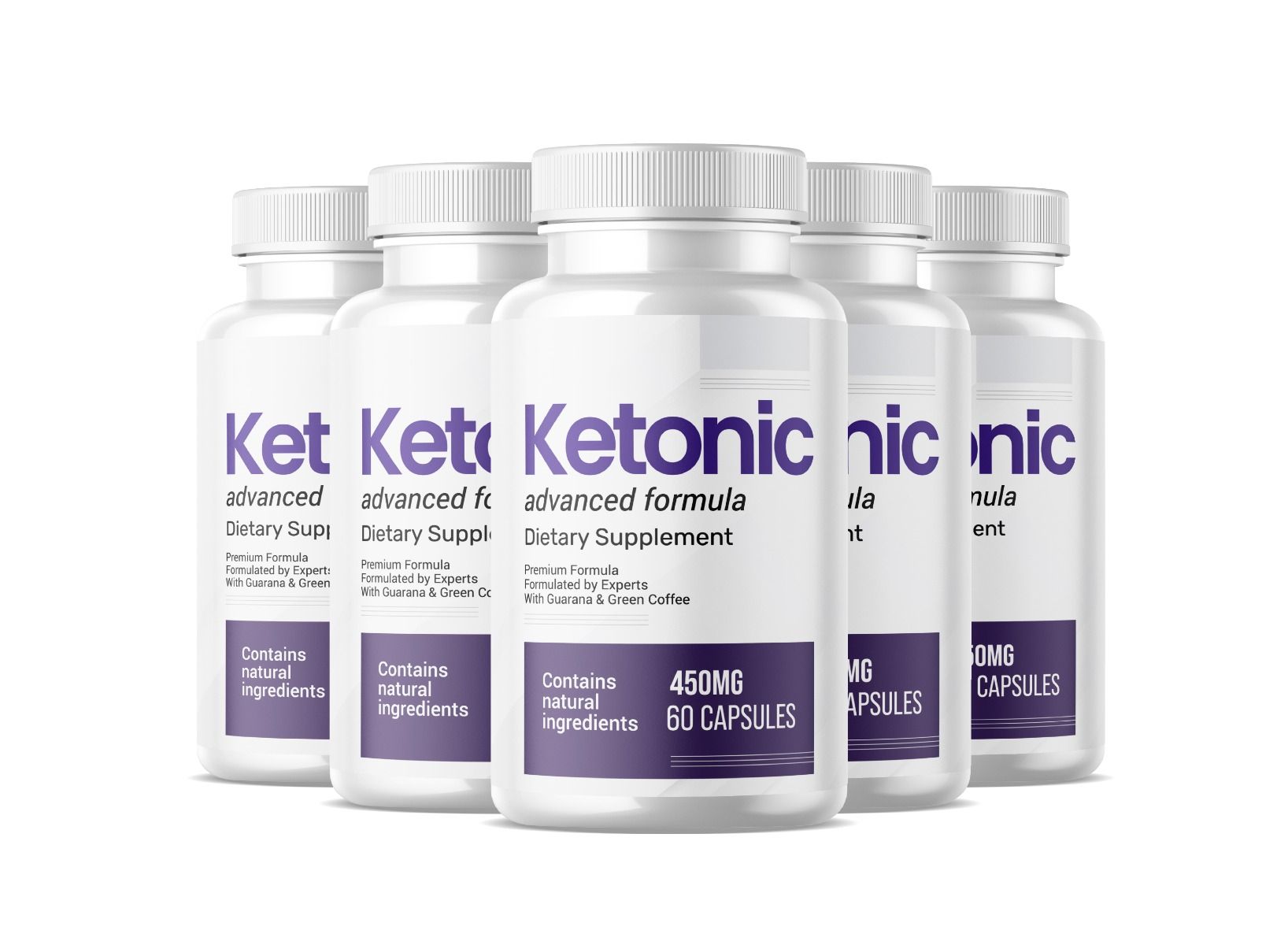 Fünf weiße Flaschen mit lila Etiketten. Aufschrift: Ketonic, 450mg, 60 Kapseln. Nahrungsergänzungsmittel.