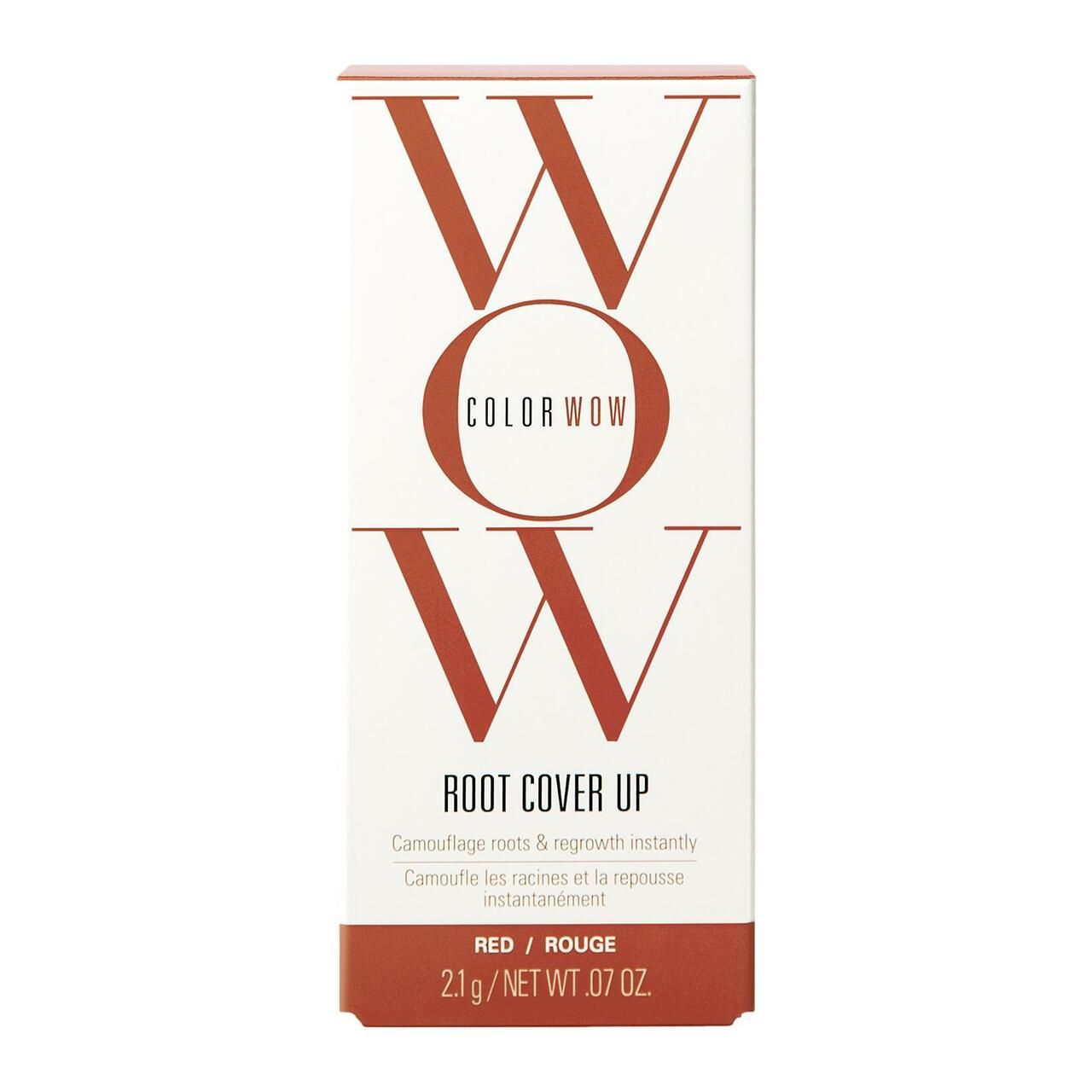 Schachtel mit Color Wow Root Cover Up. Rote Schrift und Akzente. Enthält 2,1 g/0,07 OZ. Produktname und Beschreibung.