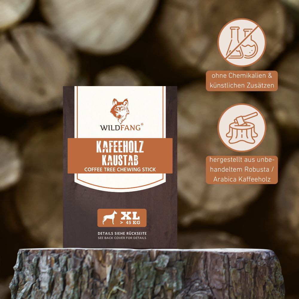 Produktverpackung mit Logo und Produktbezeichnung.  Text: ohne Chemikalien & künstliche Zusätze.  Hergestellt aus unbehandeltem Robusta/Arabica Kaffeeholz.