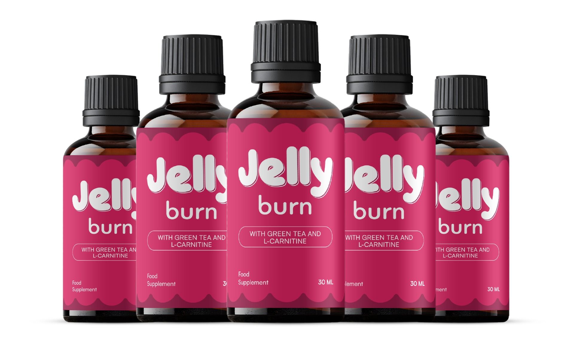 Fünf braune Glasflaschen mit schwarzem Deckel, rosa Etikett mit weißer Schrift 'Jelly burn'.