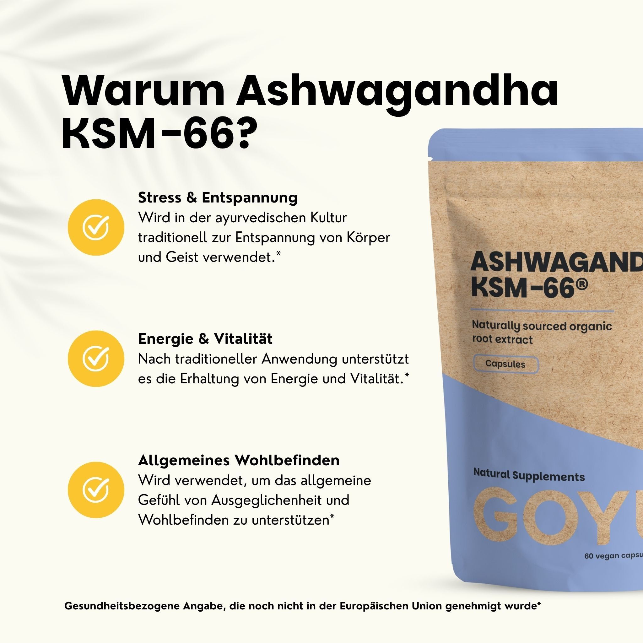Brauner Beutel mit Ashwagandha KSM-66 Kapseln, 500 mg, Bio-Extrakt, neben grünen Blättern.