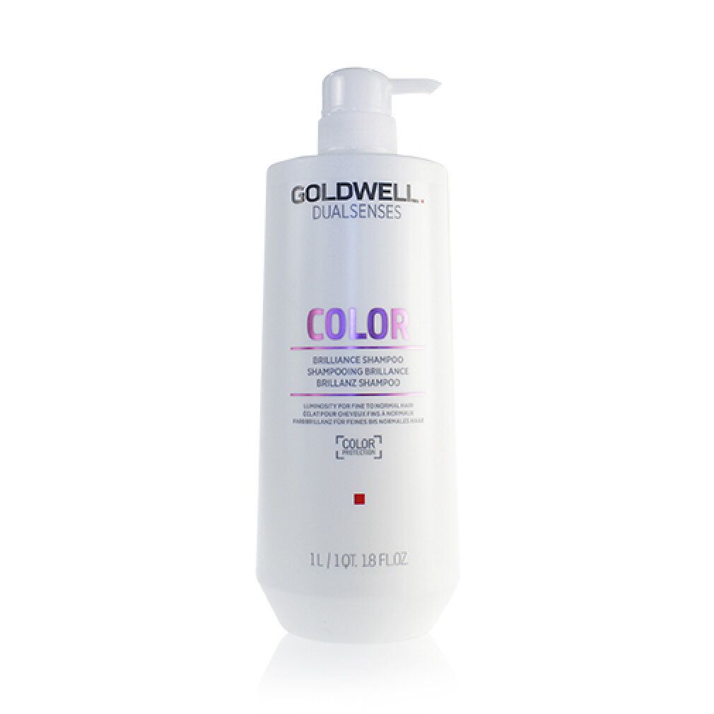 Weißes Shampoo mit Dosierpumpe. Aufschrift: Goldwell Dualsenses Color. Produktname: Brilliance Shampoo. 1L/1QT 1.8 fl.oz.