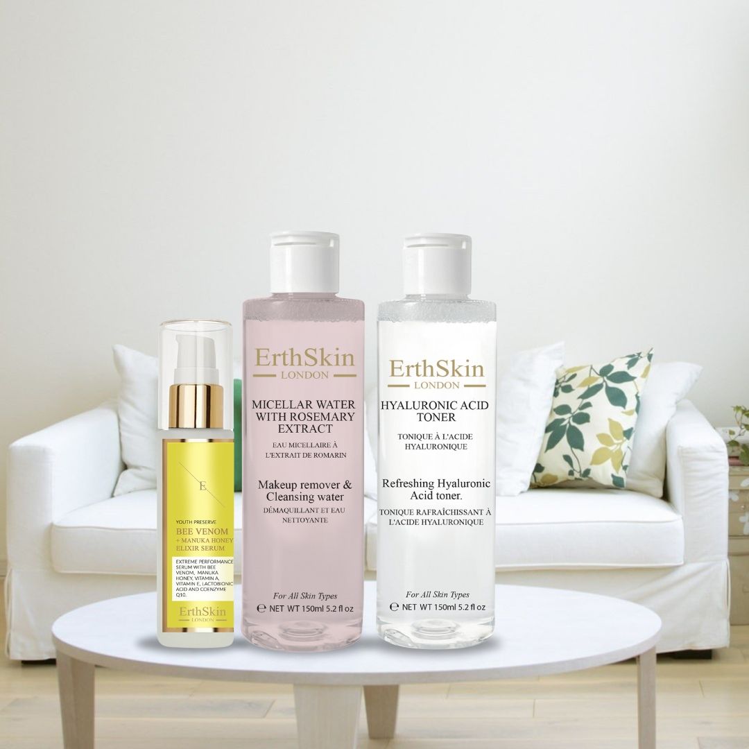 ErthSkin London Mizellenwasser mit Rosmarinextrakt + Toner + Elixier-Serum set