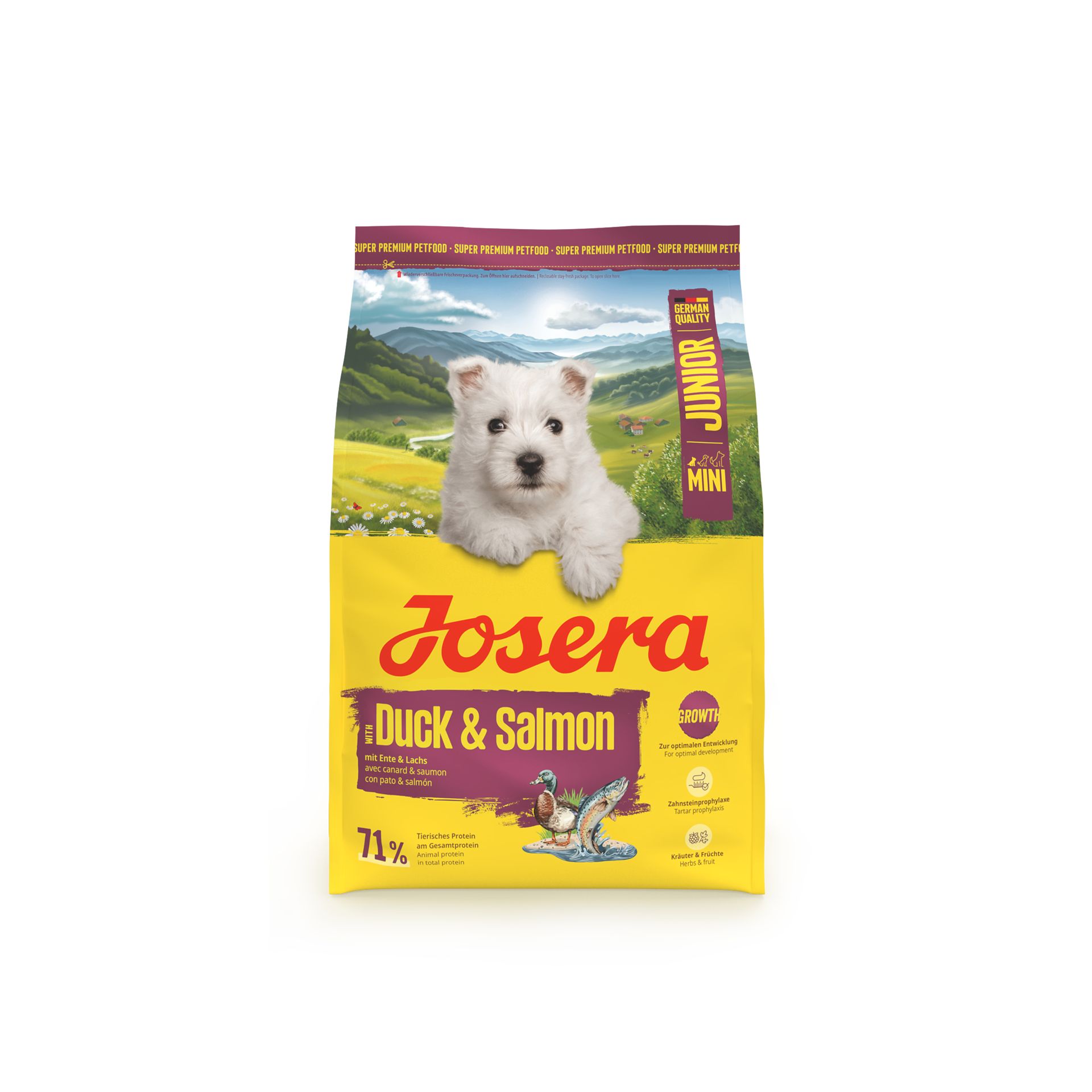 Josera Mini Junior Ente & Lachs Hundefutter-Sack mit Welpenbild und Produktinformationen.