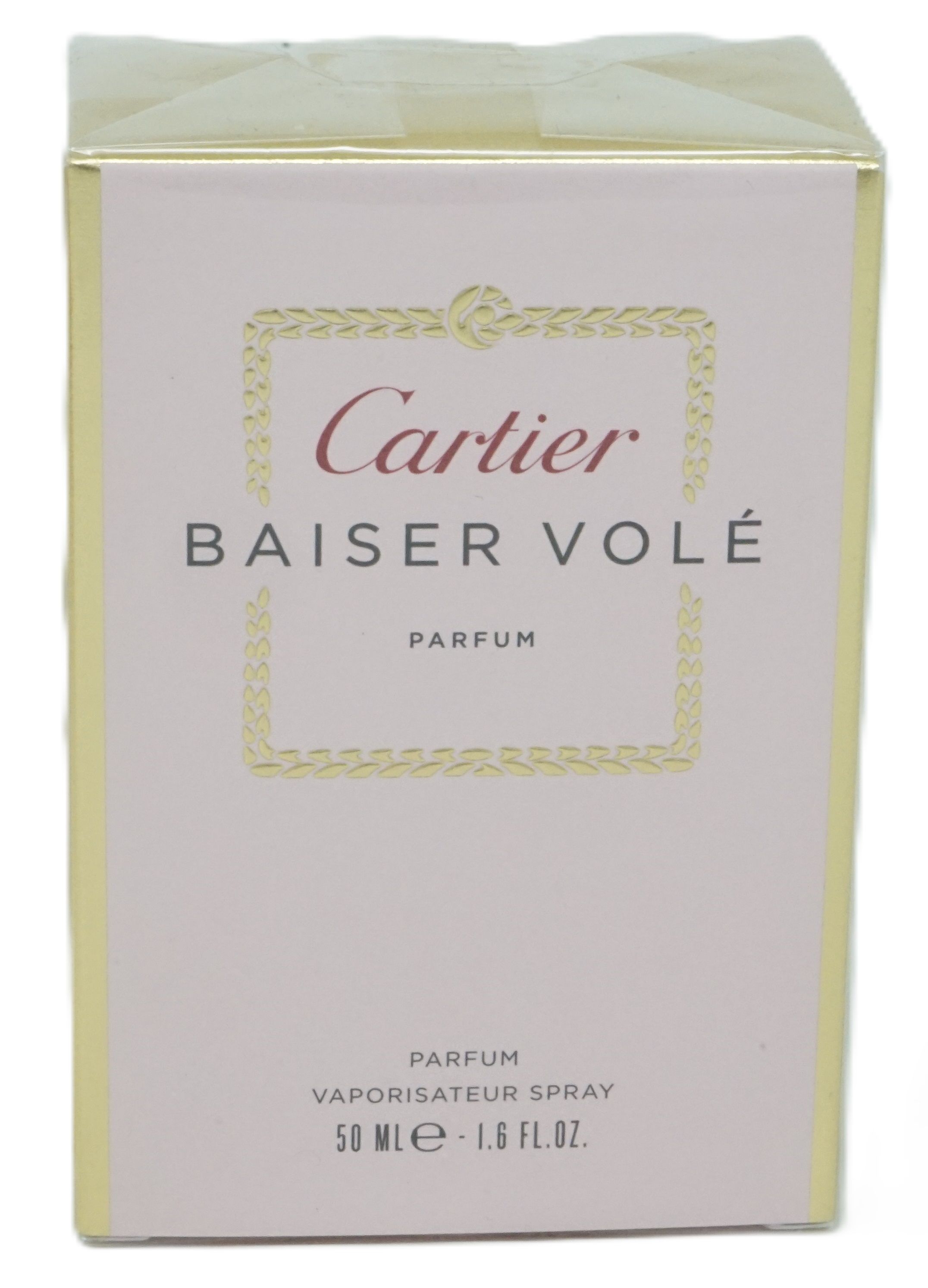 Rosa Schachtel mit goldfarbenen Akzenten. Aufschrift: Cartier Baiser Volé Parfum. 50 ml.