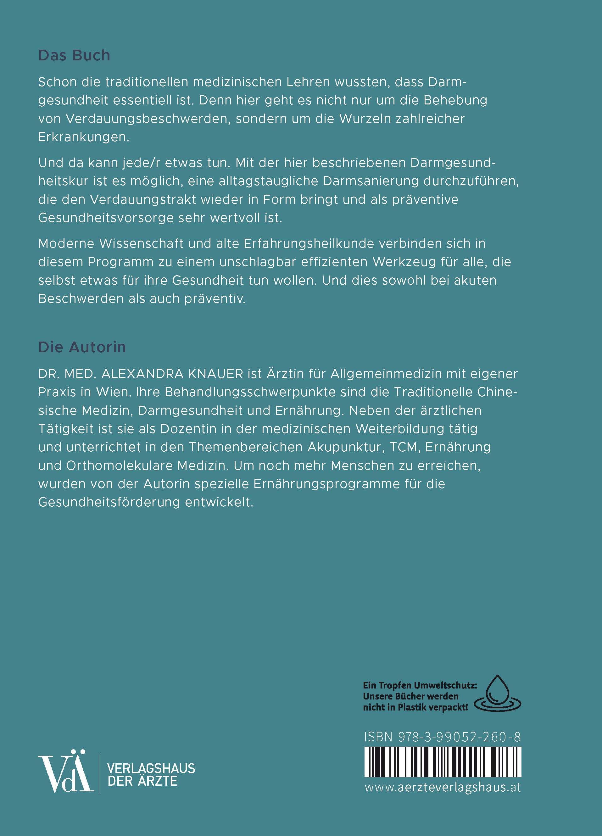 Buchrückseite: Text über Darmgesundheit und Autorin Dr. med. Alexandra Knauer. Verlag der Ärzte. ISBN-Code.
