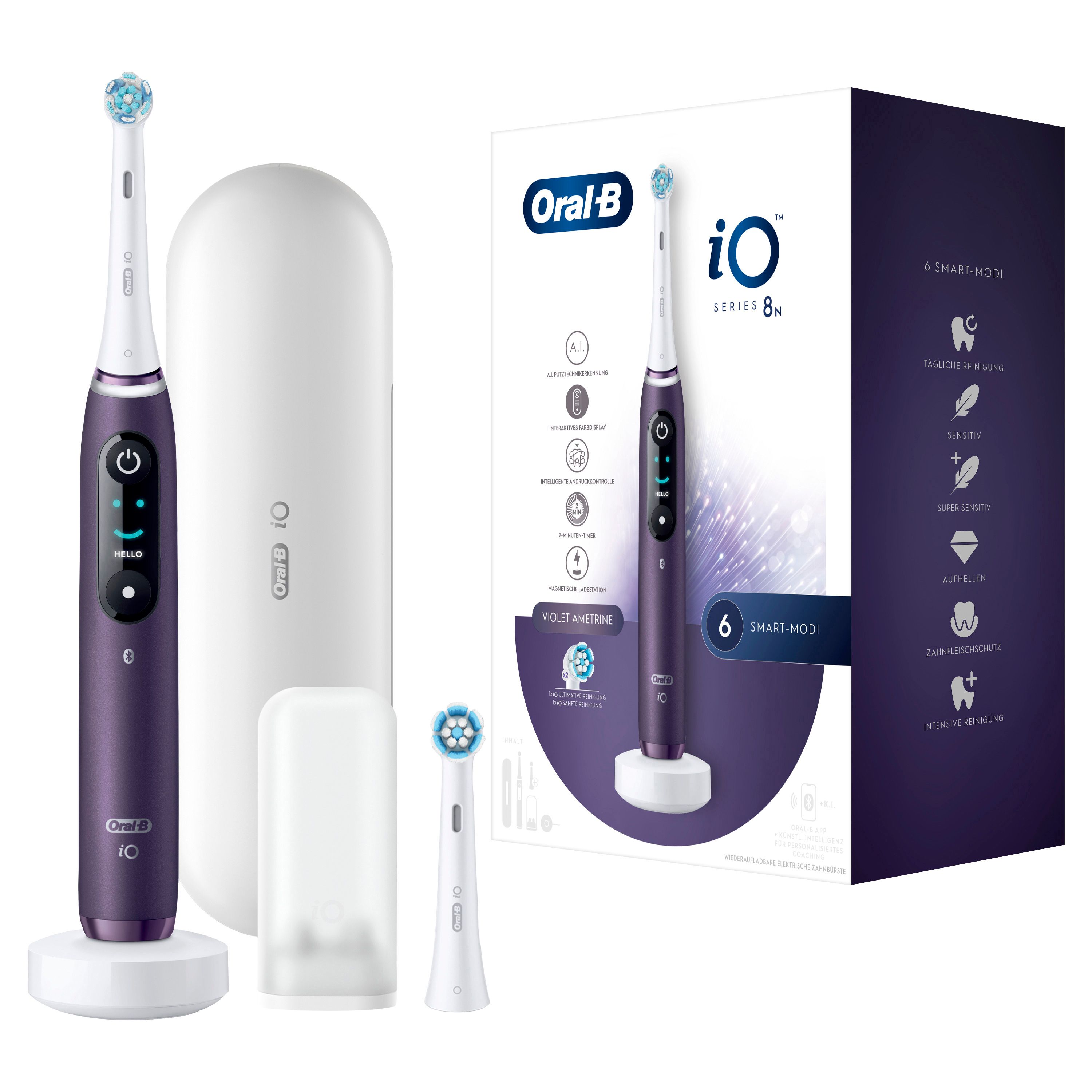Elektrische Zahnbürste, violett, mit Reiseetui, Ladestation und Ersatzbürsten. Verpackung mit Produktabbildung und Logos.