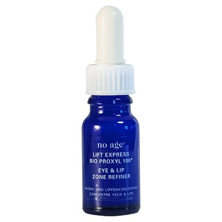 Blaues Fläschchen mit weißem Tropfer. Aufschrift: no age, LIFT EXPRESS, BIO PROXYL 100, EYE & LIP ZONE REFINER. Augen- und Lippenkonzentrat.