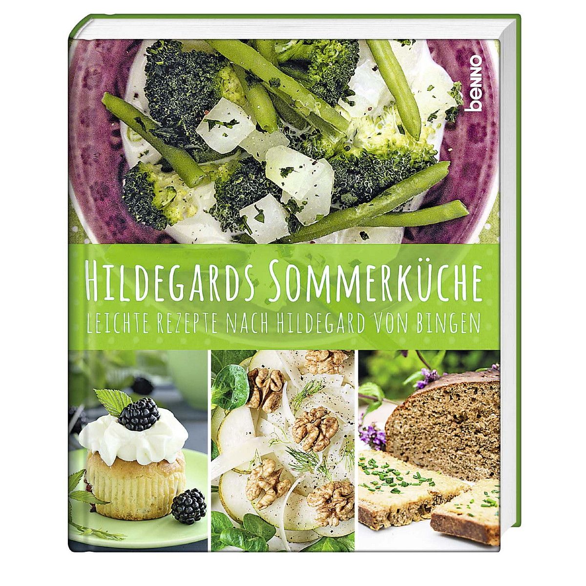 Buch "Hildegards Sommerküche". Grüner Einband, Titel in Weiß. Abbildungen von Speisen: Gemüse, Kuchen, Brot. Marke "benno".