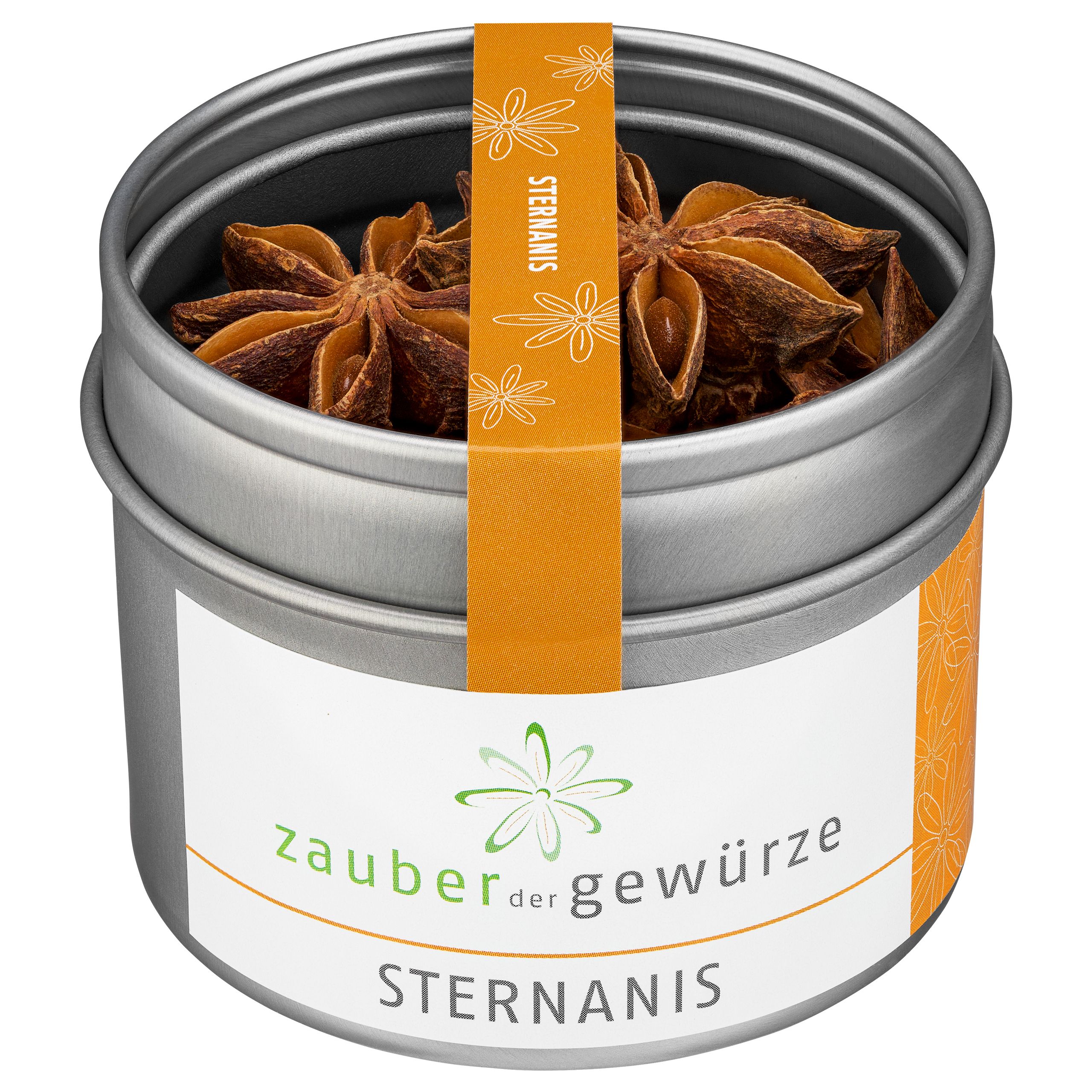 Zylindrische Dose mit Sternanis. Dose aus Metall, orangefarbenes Etikett mit Schriftzug. Aufschrift: Zauber der Gewürze, Sternanis.