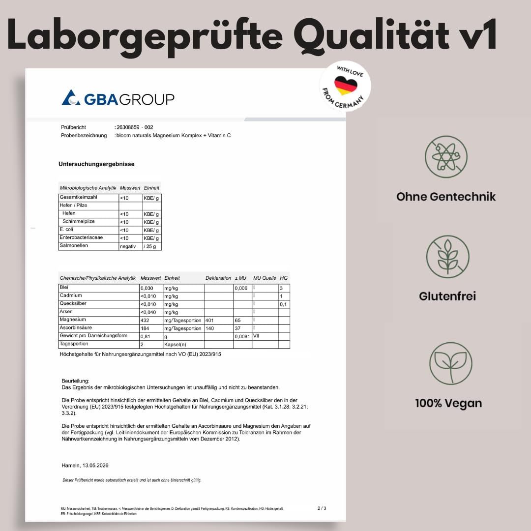 Laborbericht für Bloom Naturals Magnesium Komplex + Vitamin C mit Siegeln für "Ohne Gentechnik", "Glutenfrei", "100% Vegan".