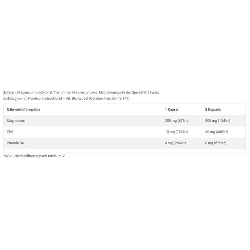 Nährwerttabelle für Olimp Chela-MZB Sport. Magnesium, Zink, Vitamin B6. Angaben pro Kapsel und pro 2 Kapseln.