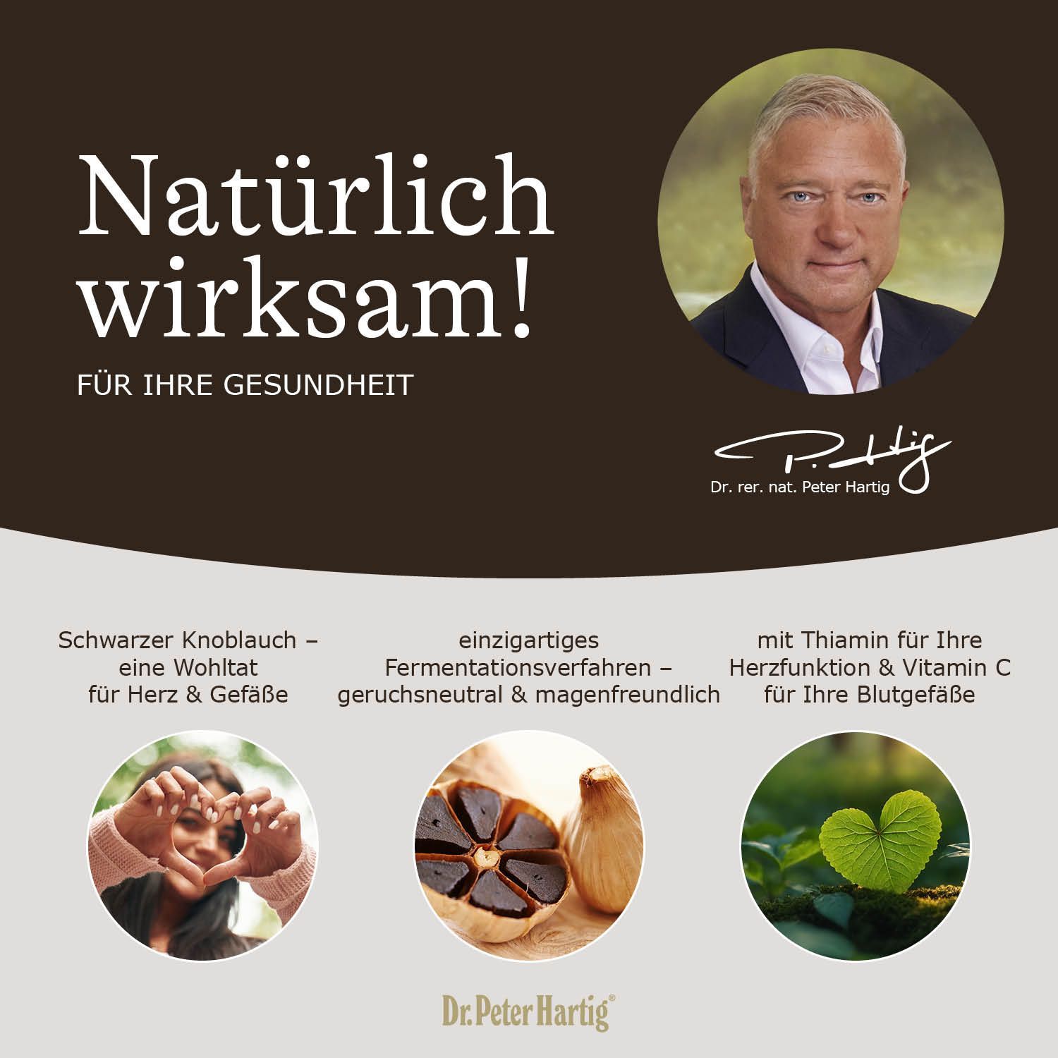 Werbebild mit Mann und Text: Natürlich wirksam! Für Ihre Gesundheit. Bilder von Herz, Knoblauch und Blatt.