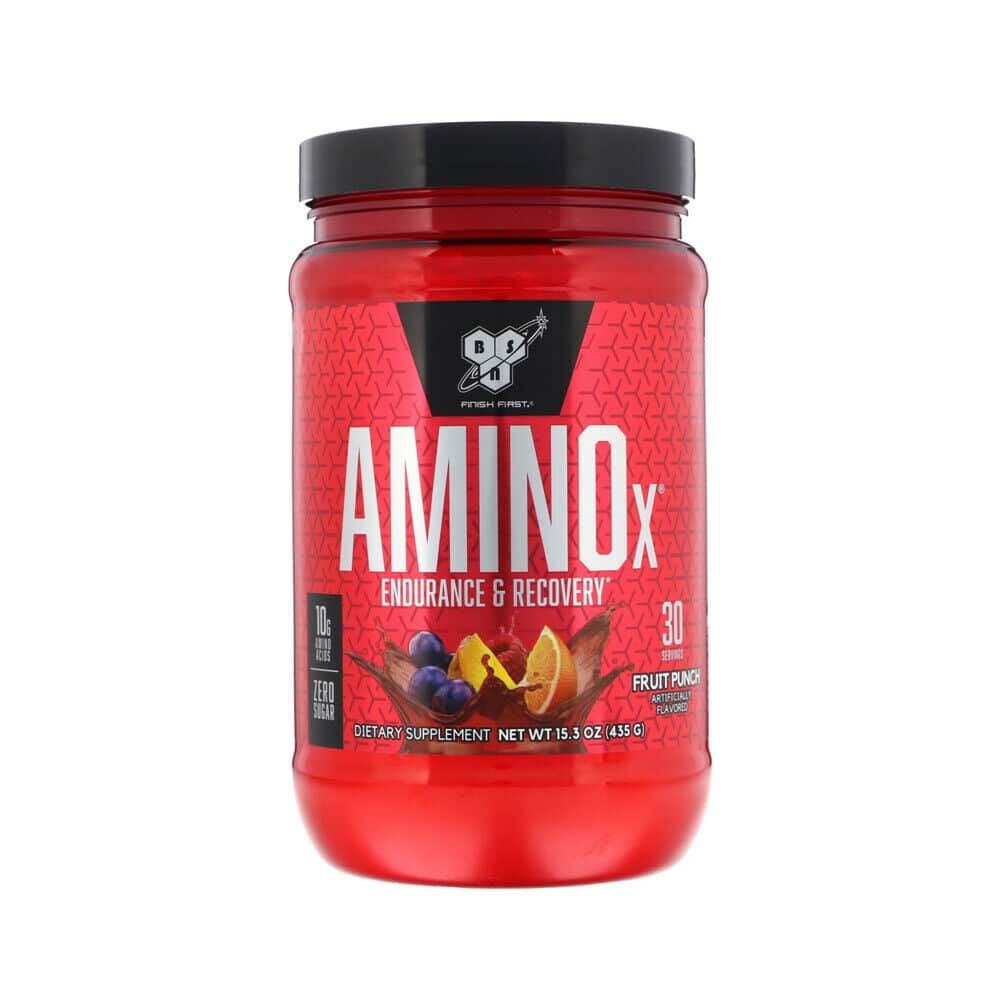 Rote Dose mit "Amino X"-Schriftzug. "Endurance & Recovery" und Frucht-Abbildung. 30 Portionen, 435g.