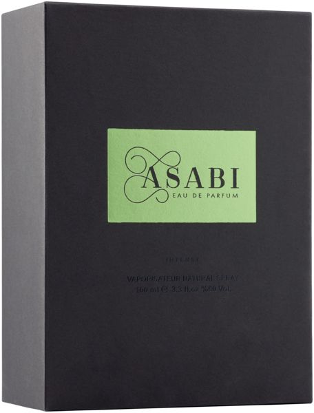 Schwarze Asabi Eau de Parfum Verpackung mit grünem Etikett, 'Intense' und Produktinfos.
