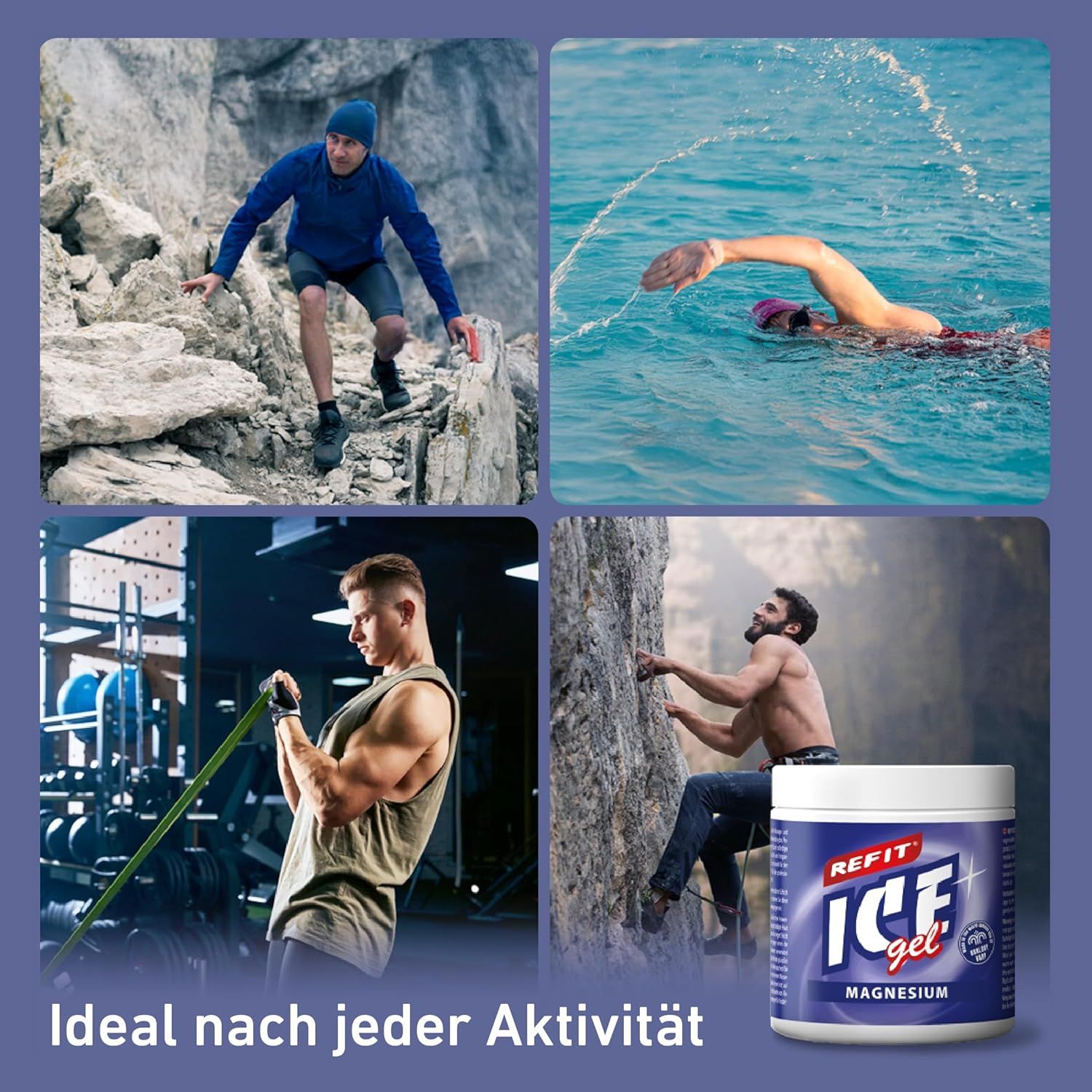 Collage von Sportlern: Kletterer, Schwimmer, Kraftsportler, Wanderer. In der Ecke: REFIT ICE gel Magnesium. Text: Ideal nach jeder Aktivität.