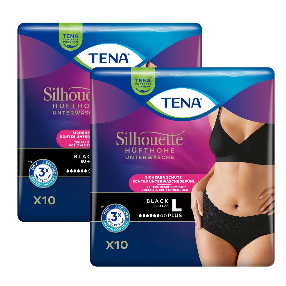Zwei Packungen TENA Silhouette Plus Black. Verpackung mit Produktabbildung und Markennamen.