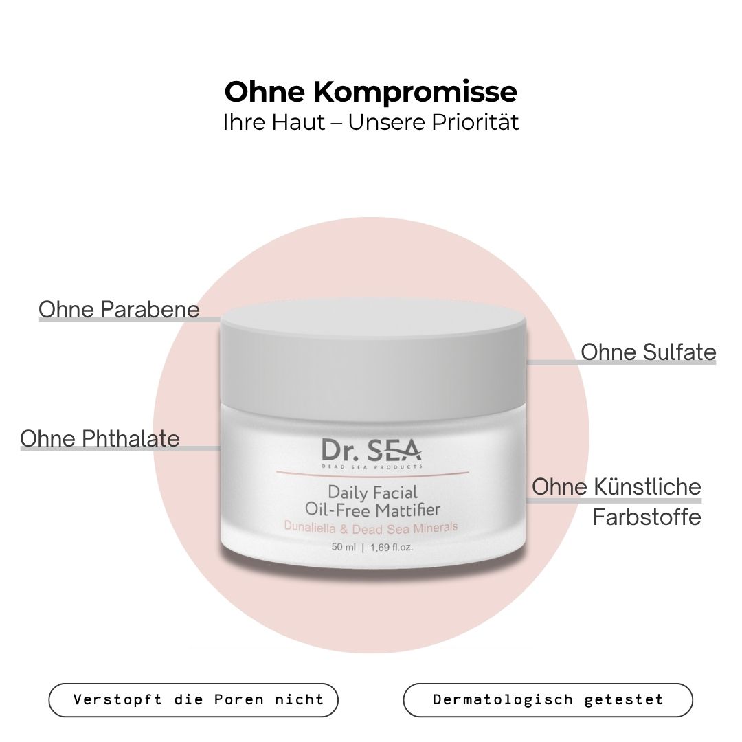 Creme-Tiegel. Text: Ohne Kompromisse, Ohne Parabene, Ohne Sulfate, Ohne Phthalate, Ohne künstliche Farbstoffe, Dermatologisch getestet.