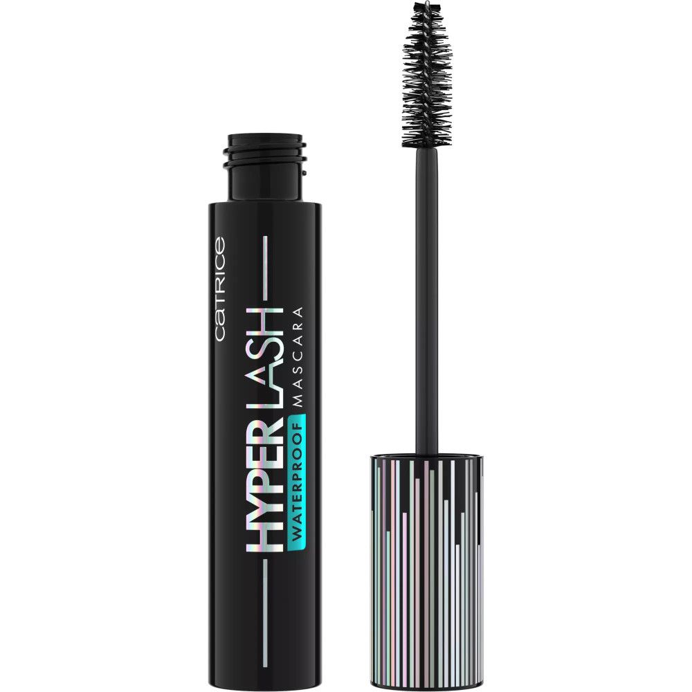 Schwarze Mascara-Tube mit geöffneter Bürste. Text: Catrice, Hyper Lash Waterproof Mascara. Silberne und schwarze Details.