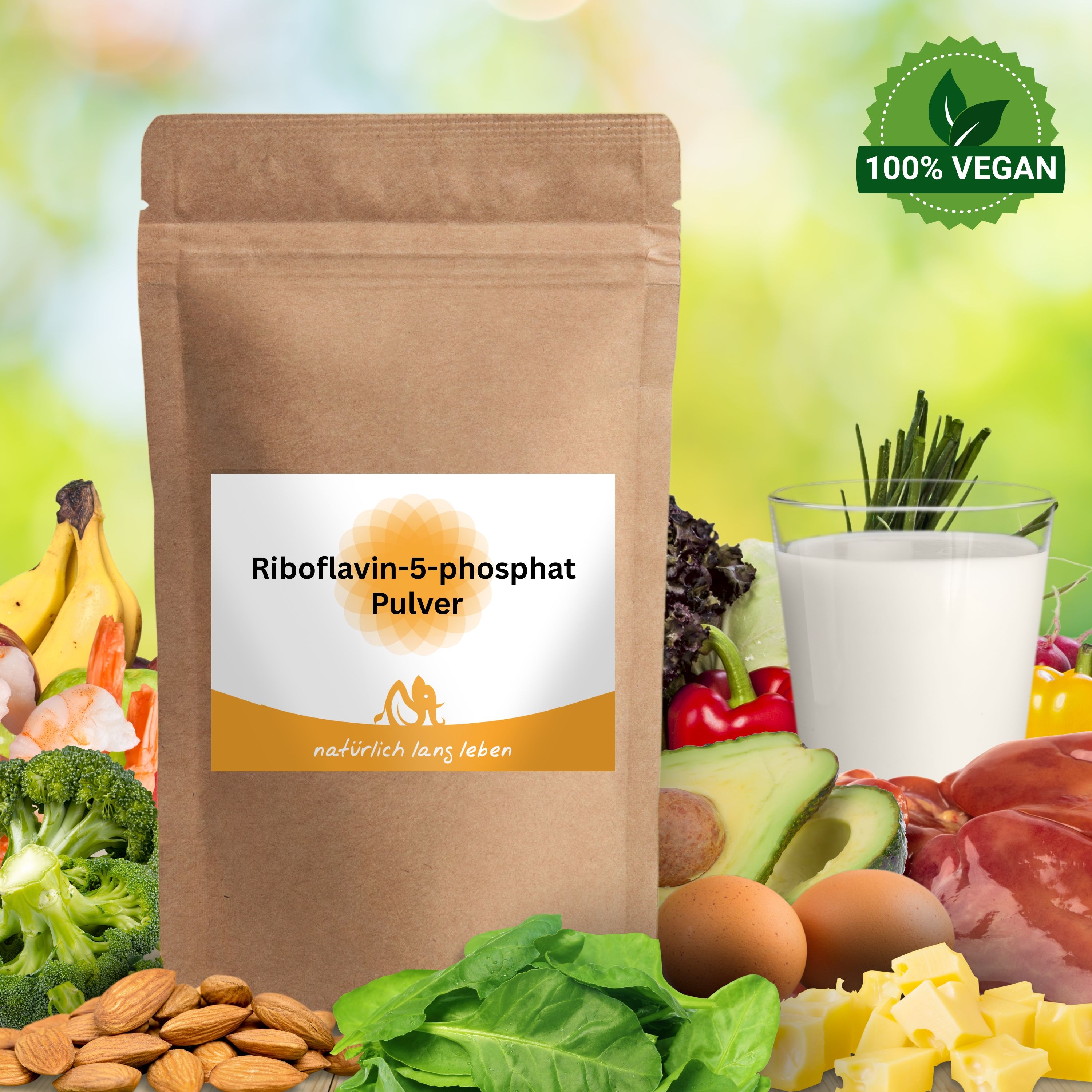 Braune Tüte mit Etikett. Aufschrift: Riboflavin-5-phosphat Pulver. Logo und Schriftzug: natürlich lang leben. 100% Vegan Siegel.
