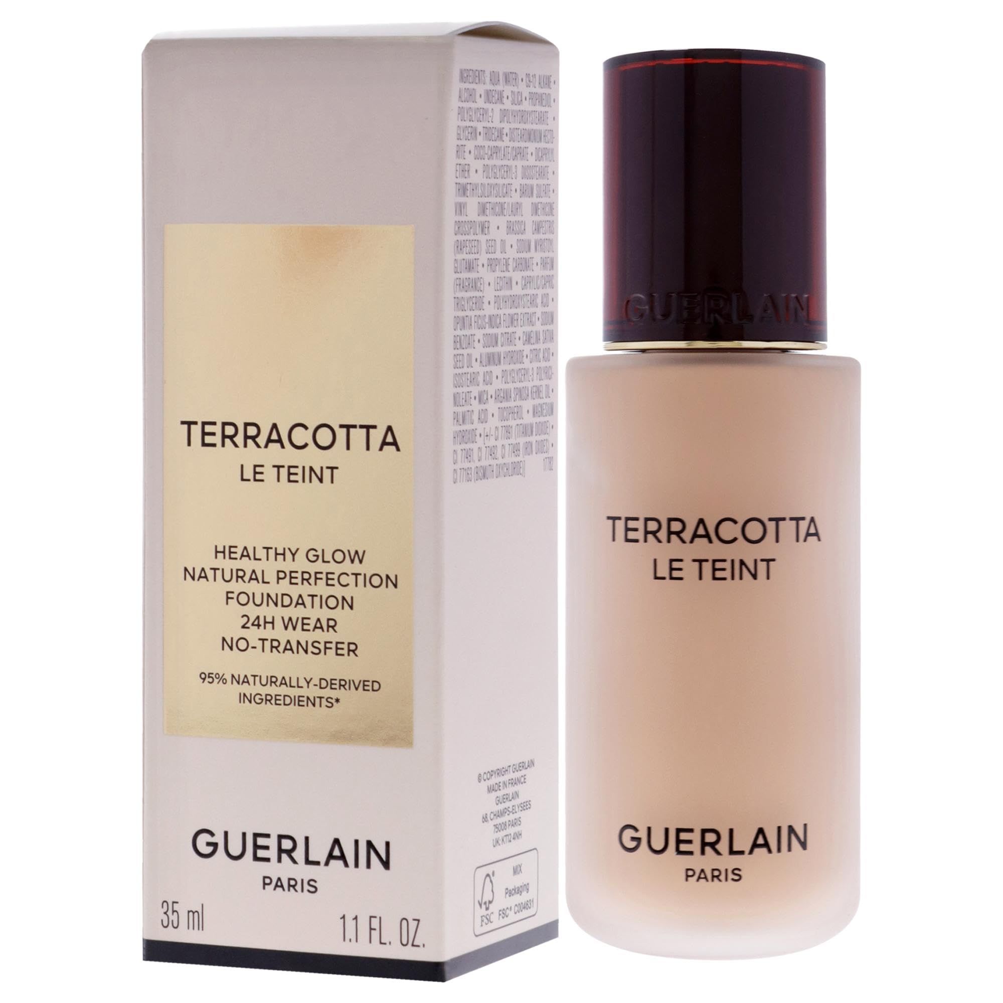 Guerlain Terracotta Le Teint Foundation. Flasche und Verpackung. Text: Healthy Glow, Natural Perfection, 24H Wear, No-Transfer. 35 ml, 1.1 FL. OZ.